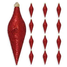 12 2/3" (320mm) Large Commercial Shatterproof Drop Ornaments, Red Glitz, Case, 12 Pieces