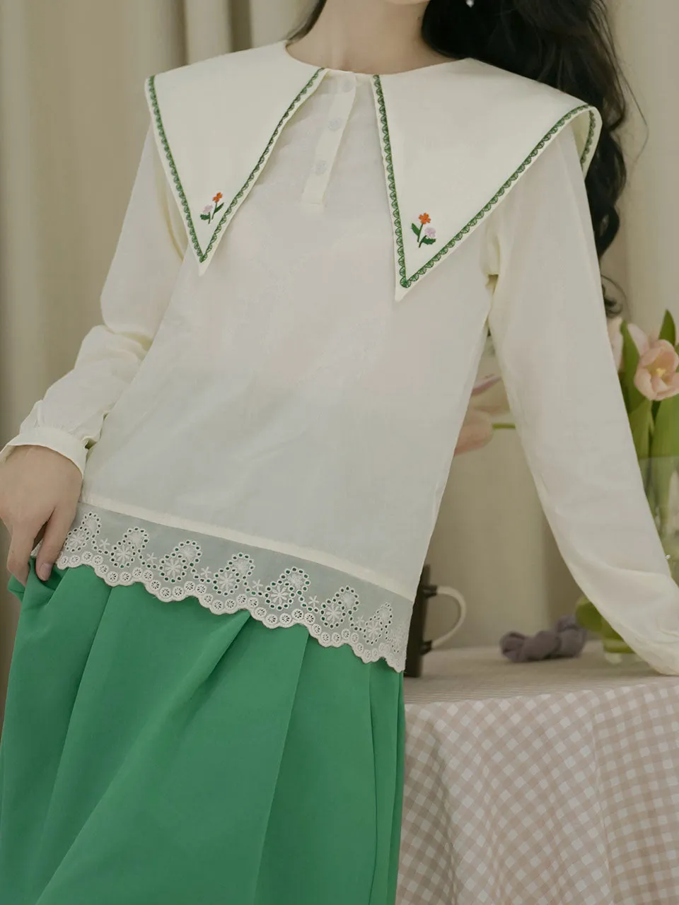 2PS Green Embroidered Overlap Collar Shirt And Swing Skirt Suit