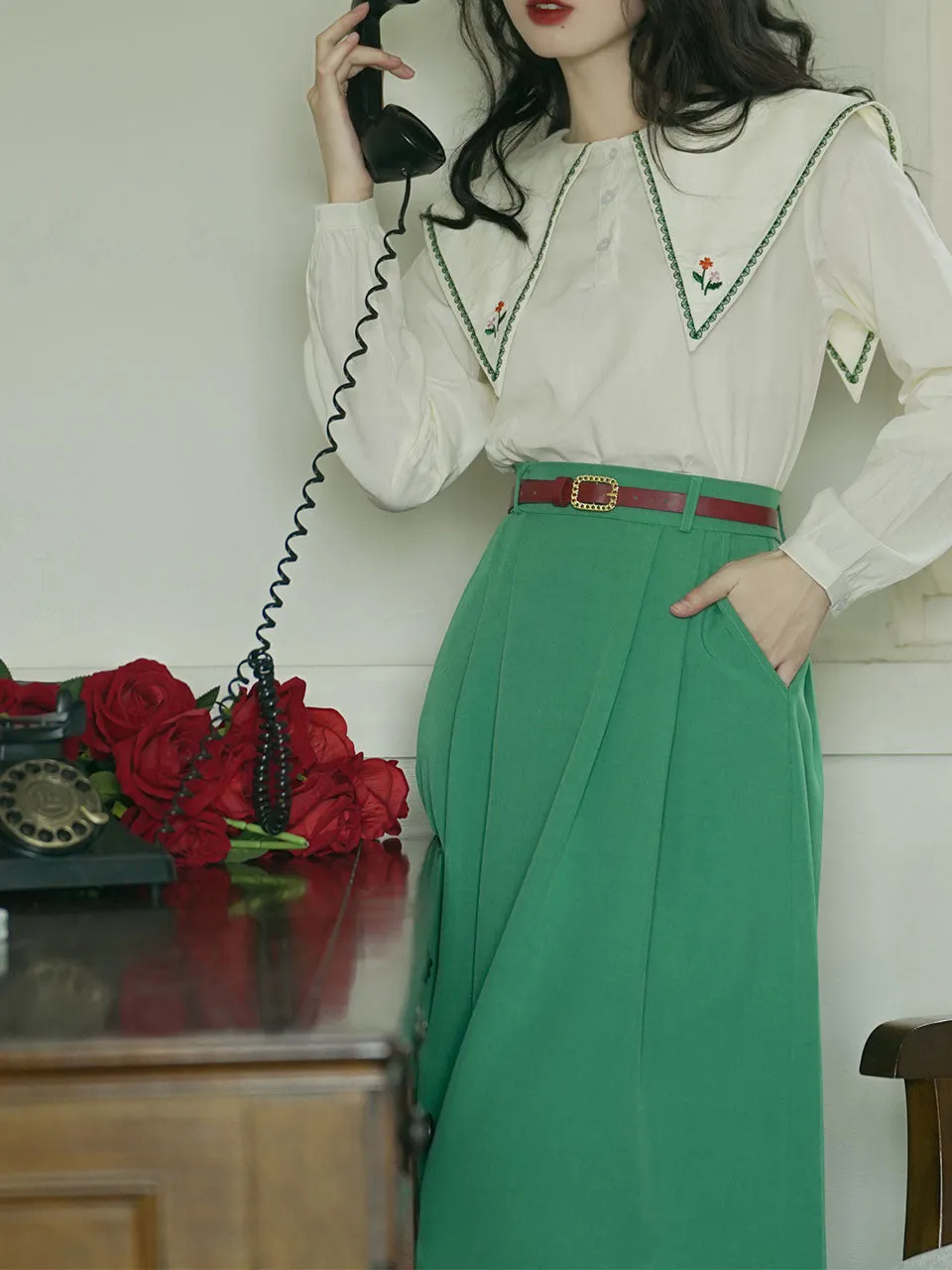 2PS Green Embroidered Overlap Collar Shirt And Swing Skirt Suit