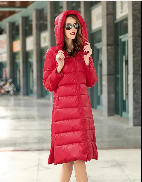 A-line Long Loose Women Down Coat Slit Winter Loose 90% Duck Down Jackets