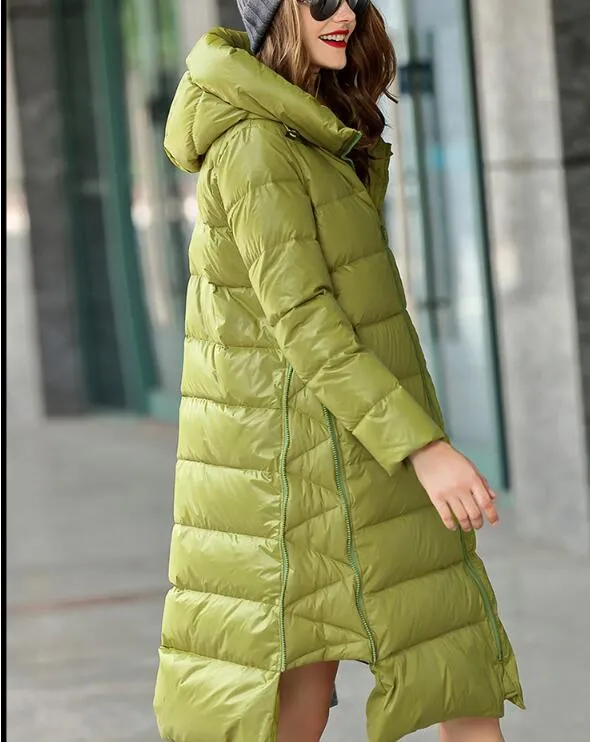 A-line Long Loose Women Down Coat Slit Winter Loose 90% Duck Down Jackets