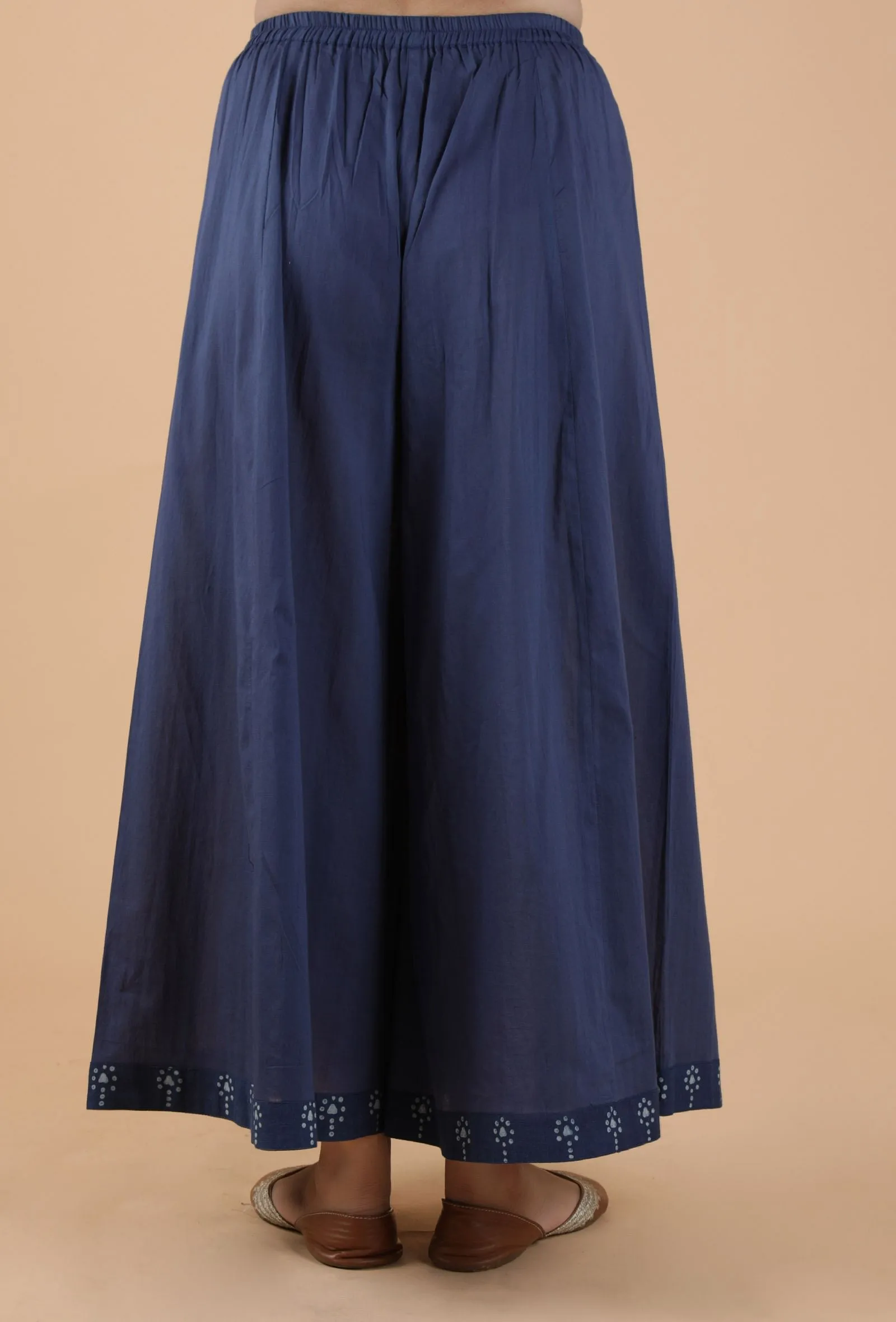 Aadhila Indigo Solid Blue Flared Kalidar Palazzo Pants With Print Border