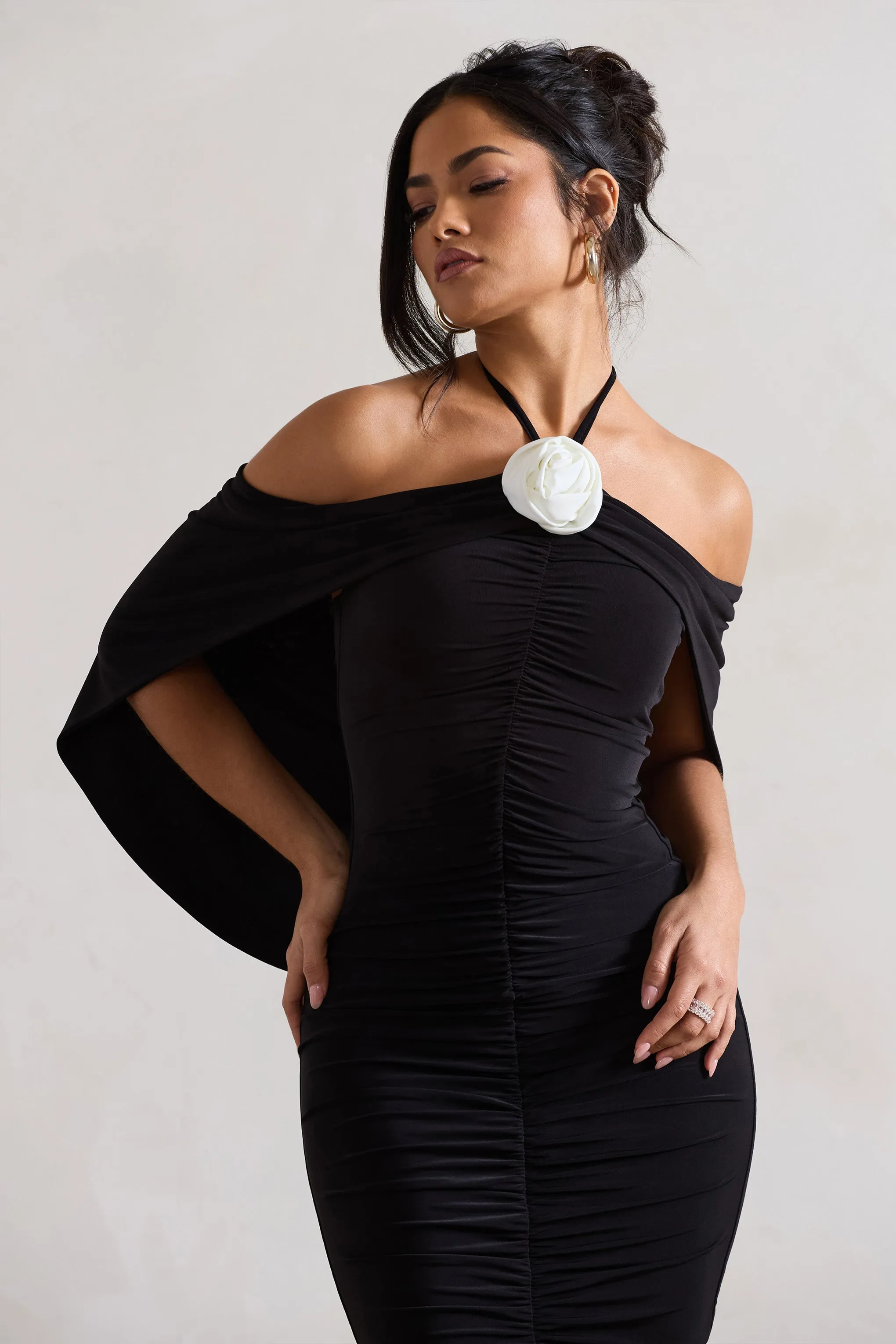 Adriana | Black Ruched Halter-Neck Draped Mini Dress With Corsage