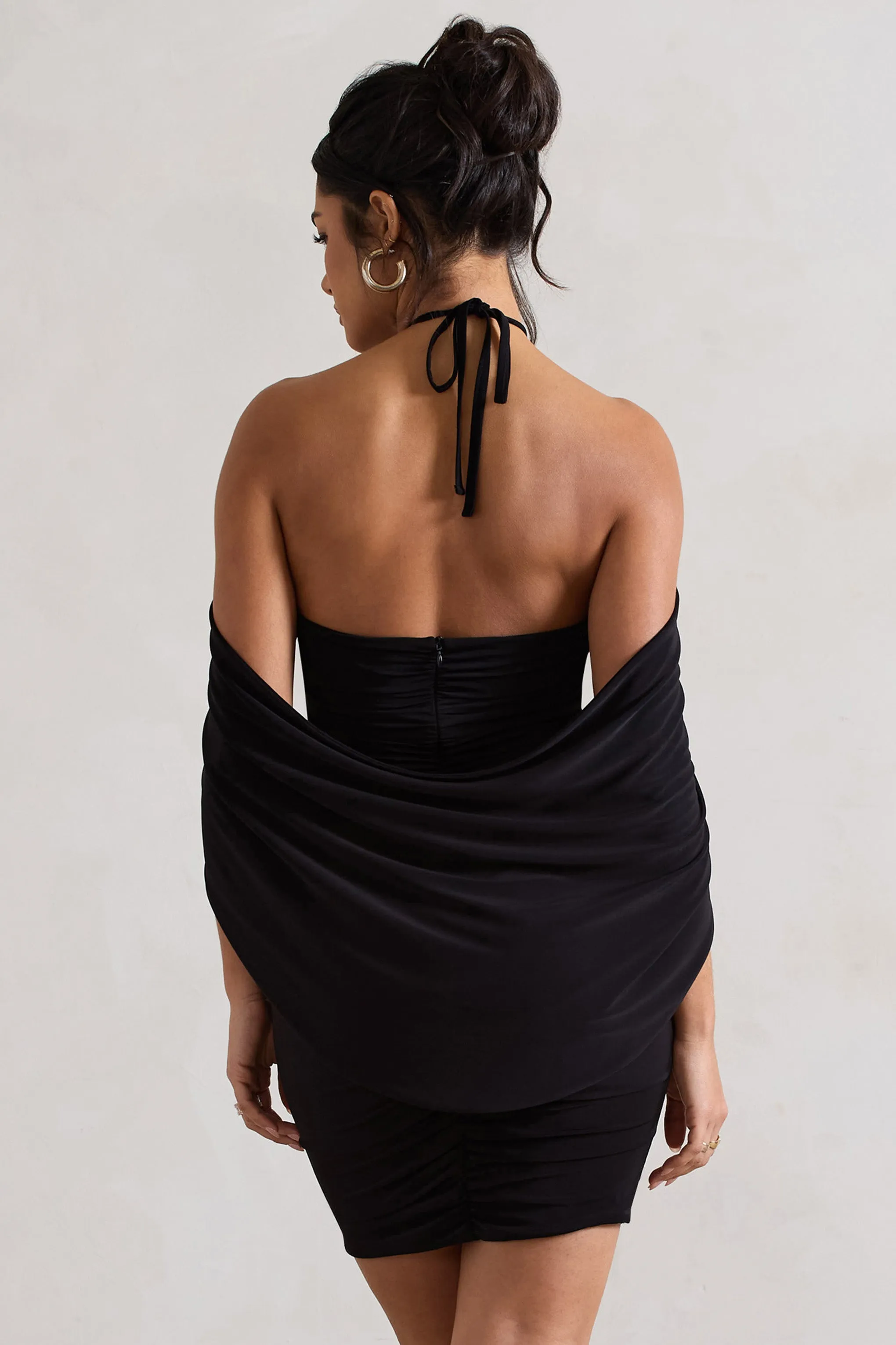 Adriana | Black Ruched Halter-Neck Draped Mini Dress With Corsage