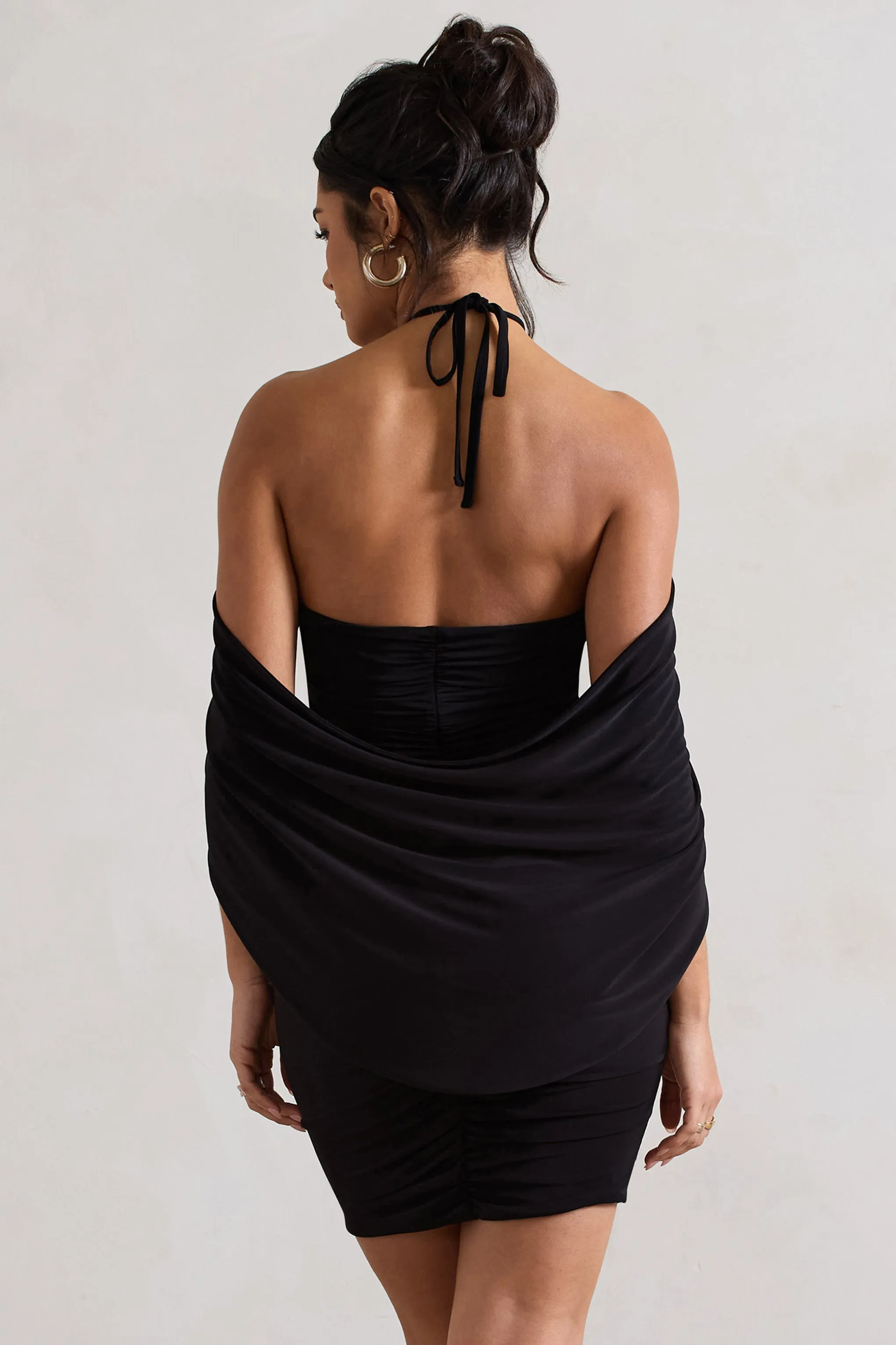 Adriana | Black Ruched Halter-Neck Draped Mini Dress With Corsage