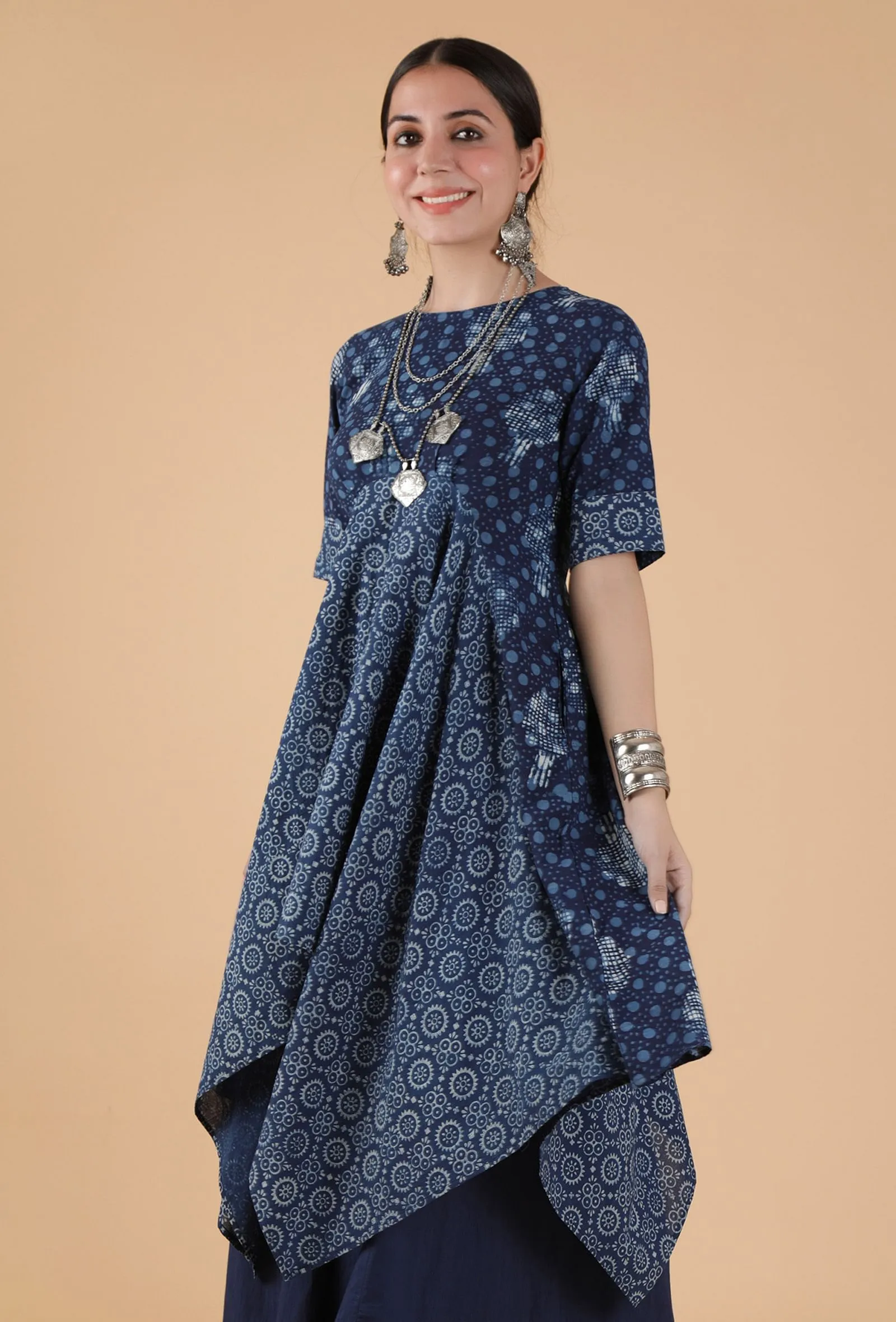 Alpi Indigo Printed Panelled Asymmetric Kurta Dress