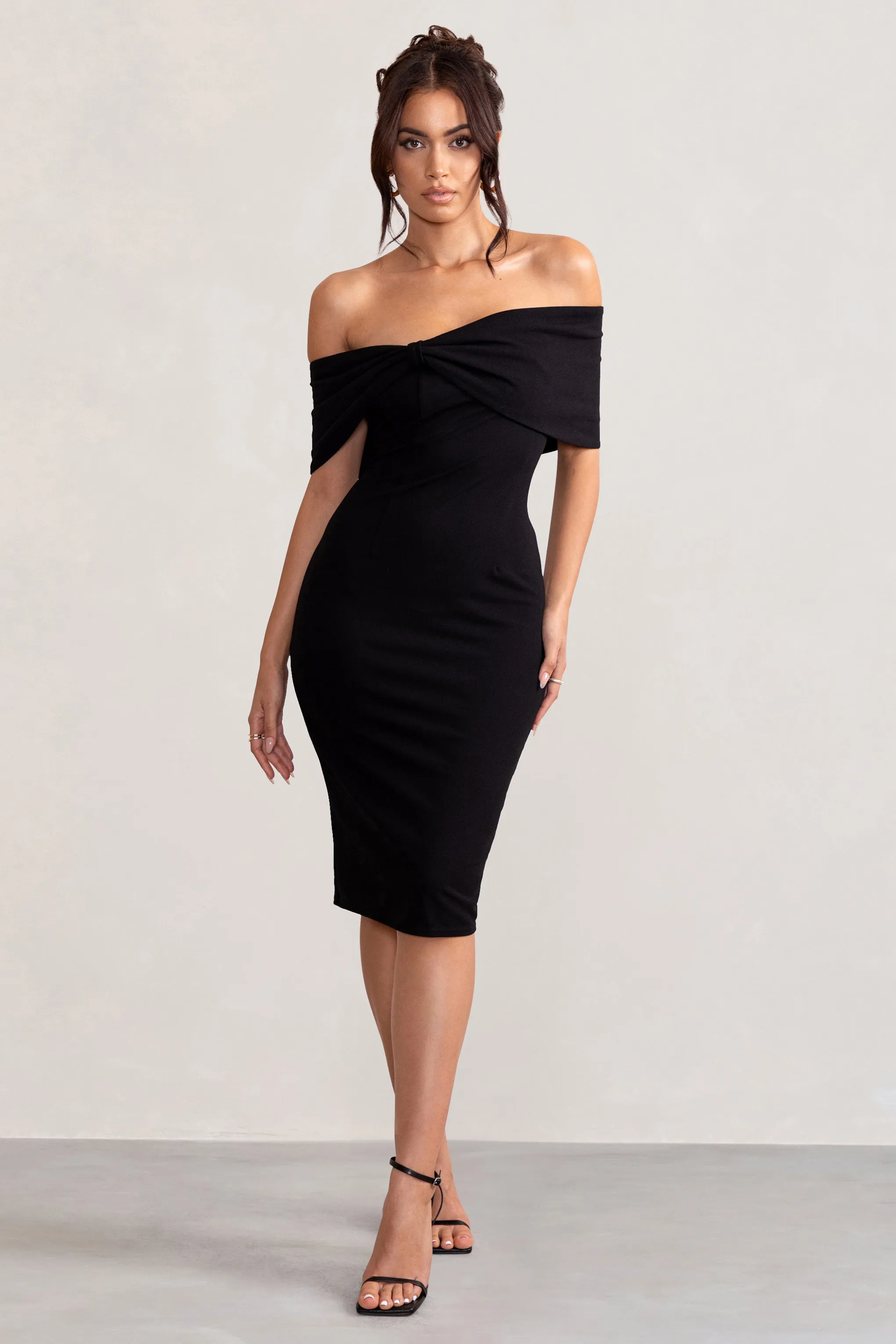 Alyssa | Black Bardot Bow Detail Midi Dress