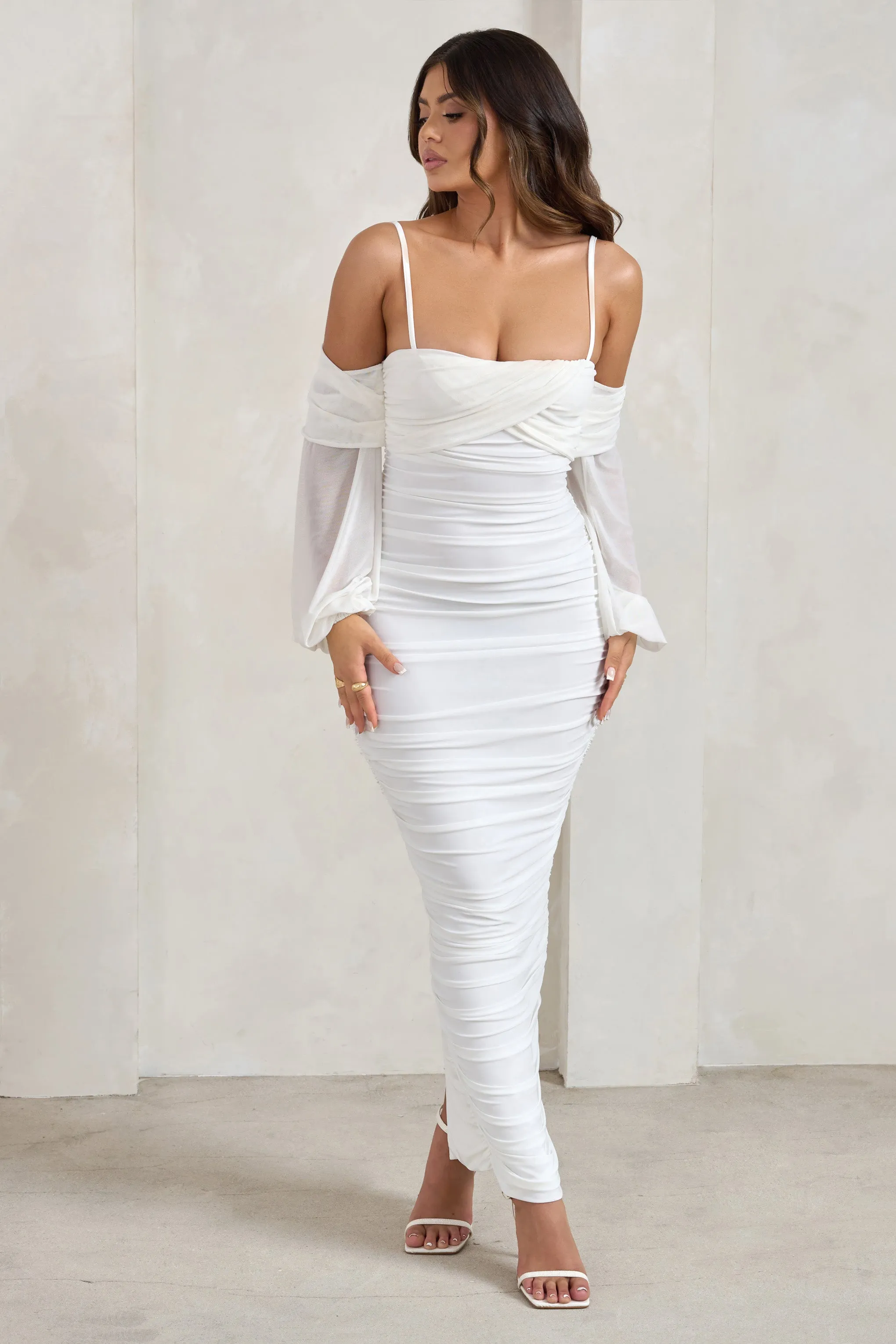 Announcement | White Bardot Mesh Ruched Maxi Dress