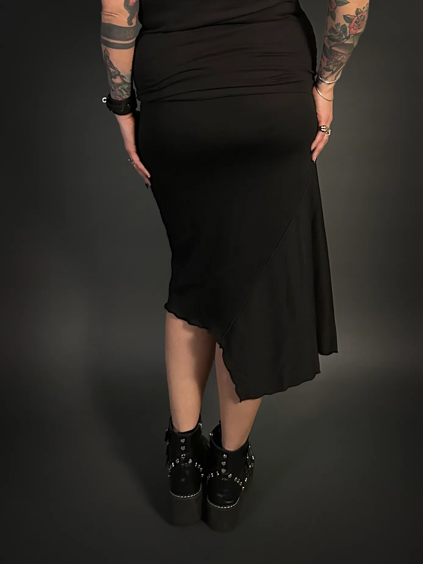 Asymmetrical Stretch Midi Skirt in Black - Punk / Goth Style