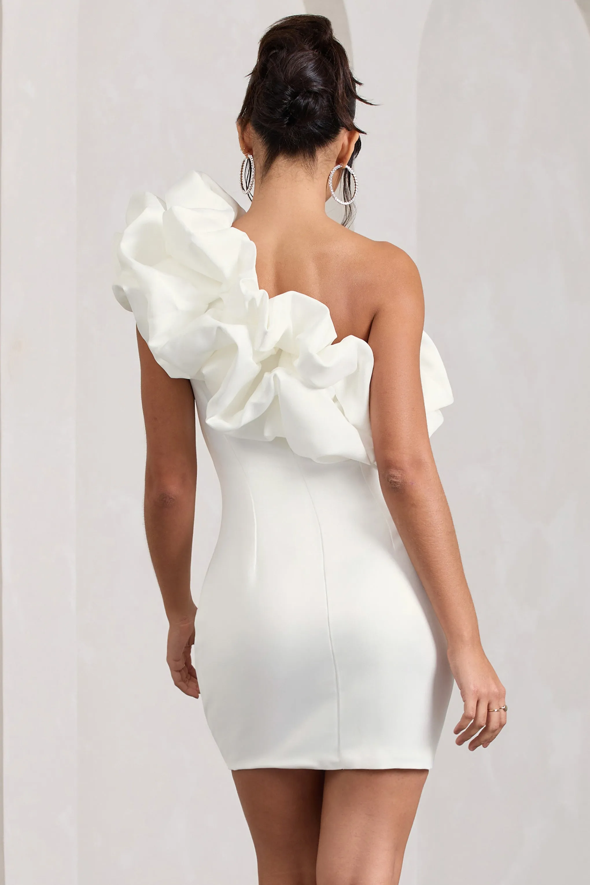 At The Opera | White Satin One Shoulder Ruffled Mini Dress