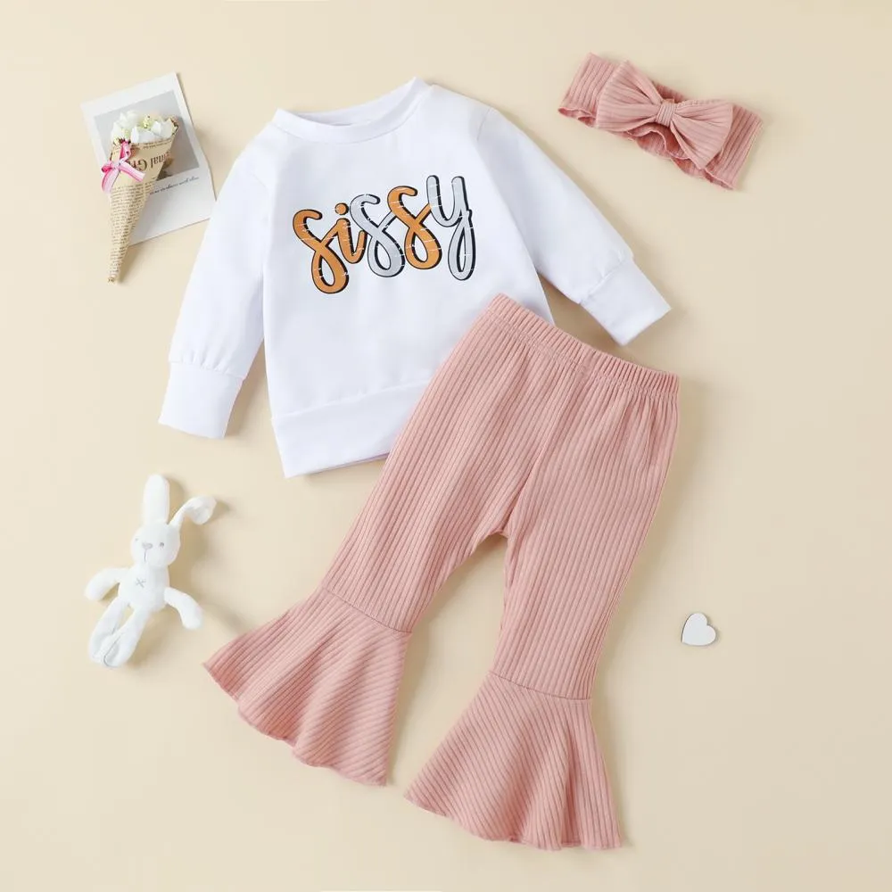 Autumn Winter Girls Print Round Neck Top   Pit Strip Flared Pants Set Wholesale Girls Clothes