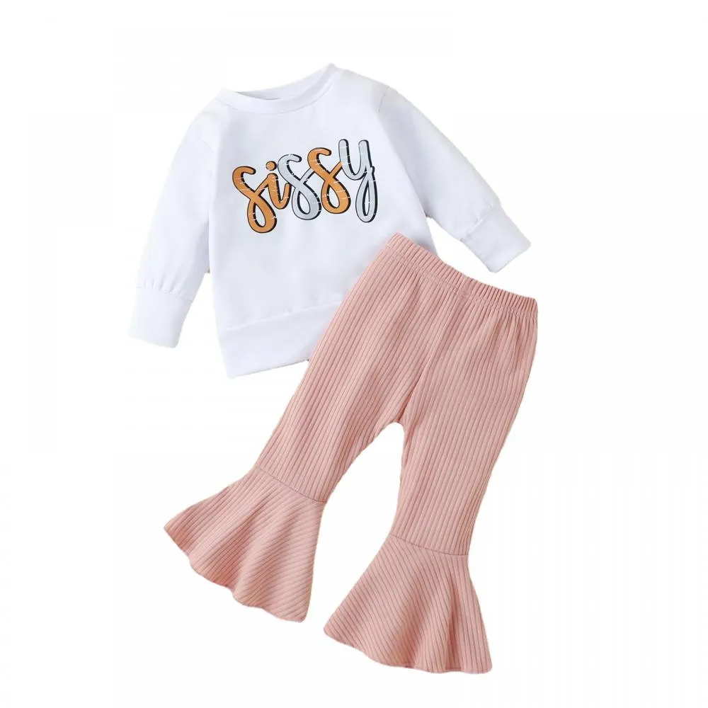 Autumn Winter Girls Print Round Neck Top   Pit Strip Flared Pants Set Wholesale Girls Clothes