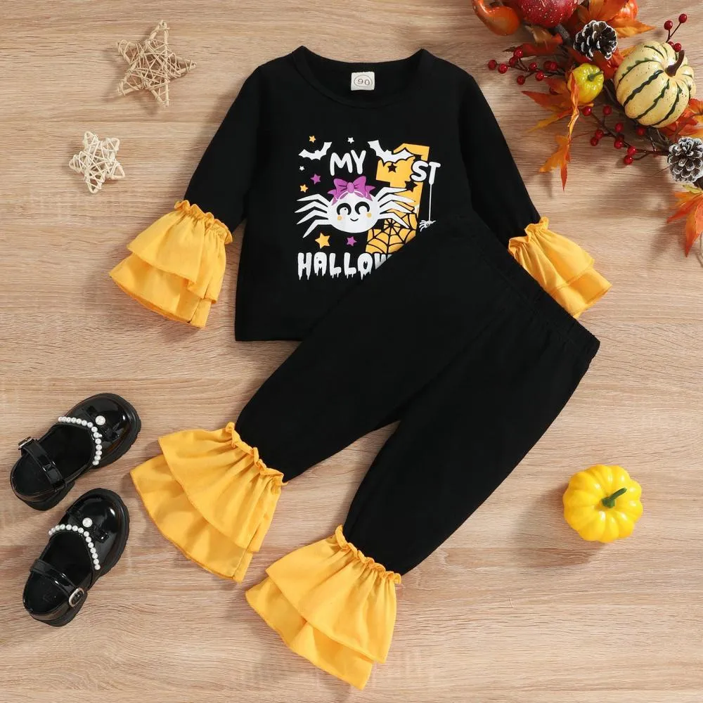 Autumn/Winter Halloween Girls Lace Sleeve Flared Pants Two-piece Set Wholesale Girls Clothes