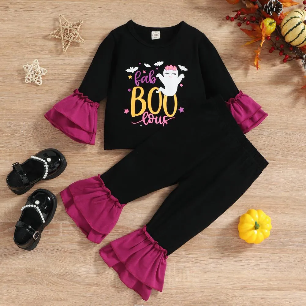 Autumn/Winter Halloween Girls Lace Sleeve Flared Pants Two-piece Set Wholesale Girls Clothes