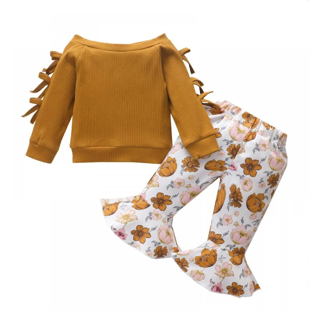 Baby Girls Solid Color Long-sleeve Pullover   Flared Trousers Set Wholesale Girls Clothes