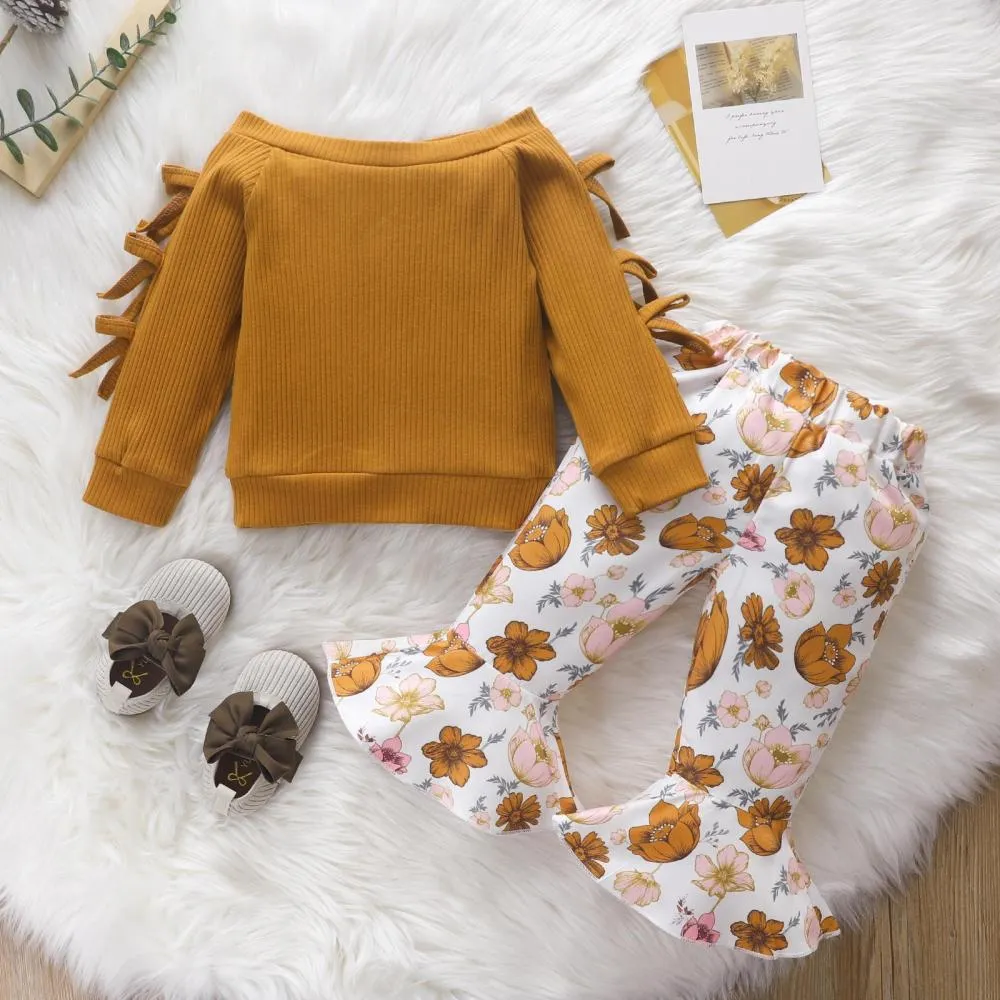 Baby Girls Solid Color Long-sleeve Pullover   Flared Trousers Set Wholesale Girls Clothes