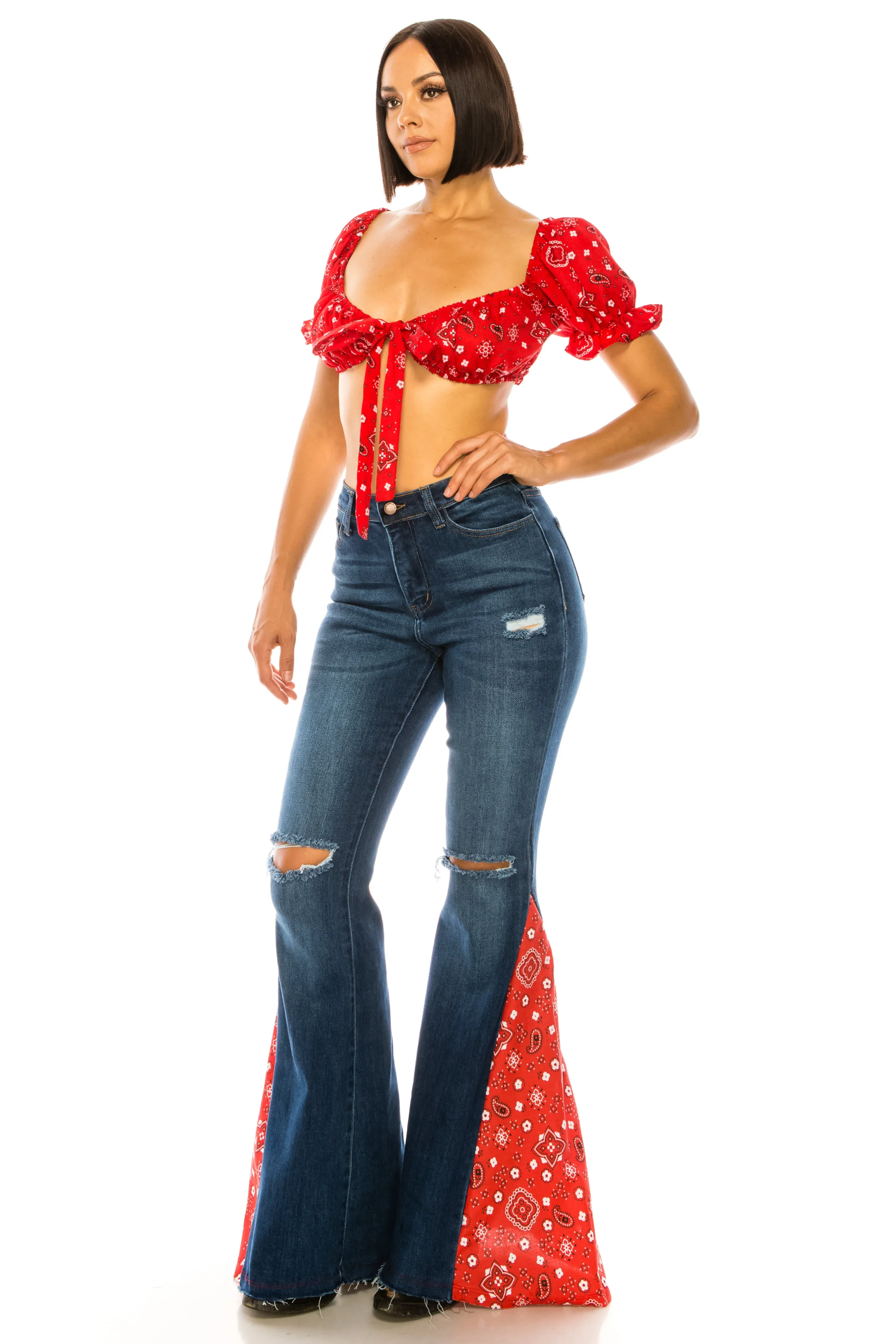 BANDANA PRINT FLARE BELL BOTTOM JEANS