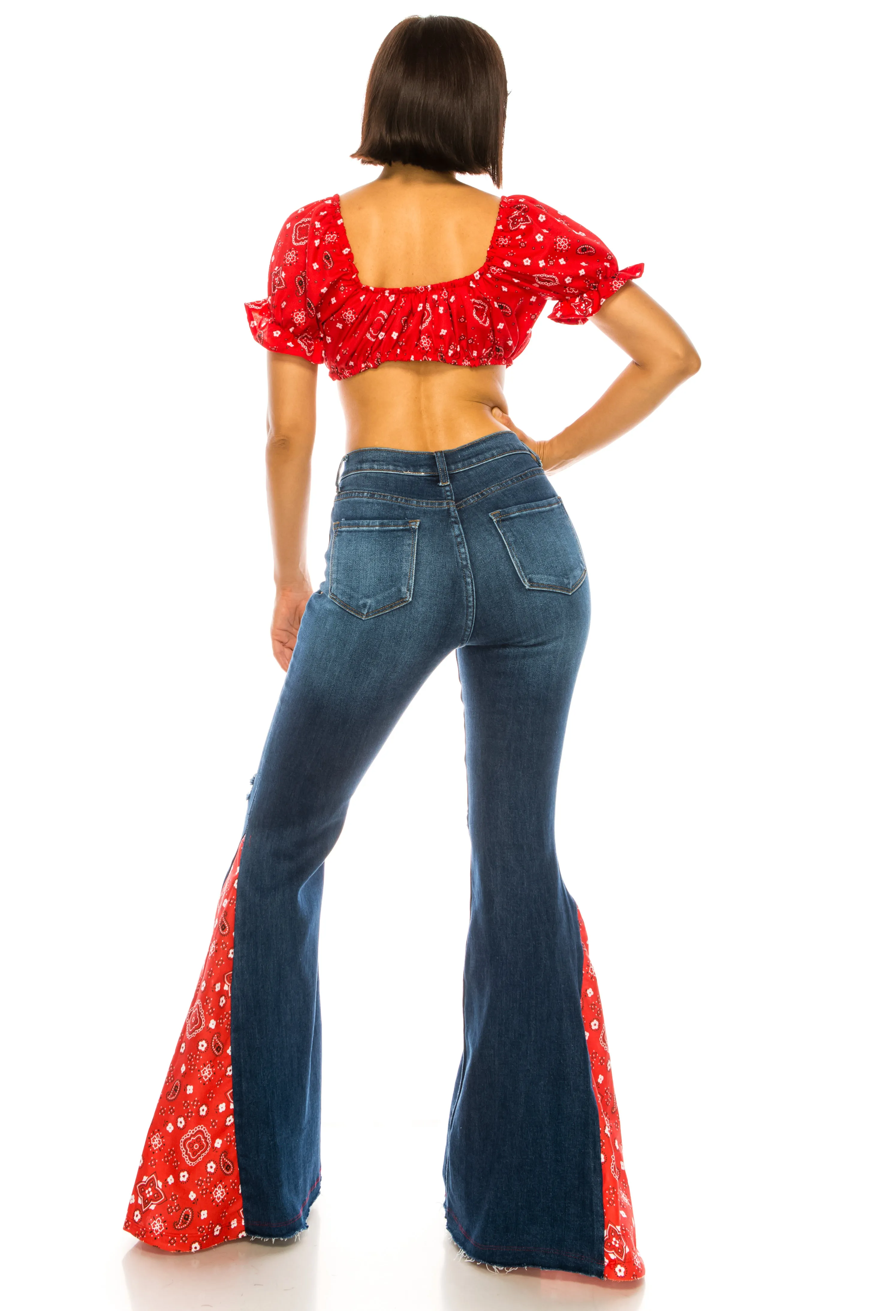 BANDANA PRINT FLARE BELL BOTTOM JEANS