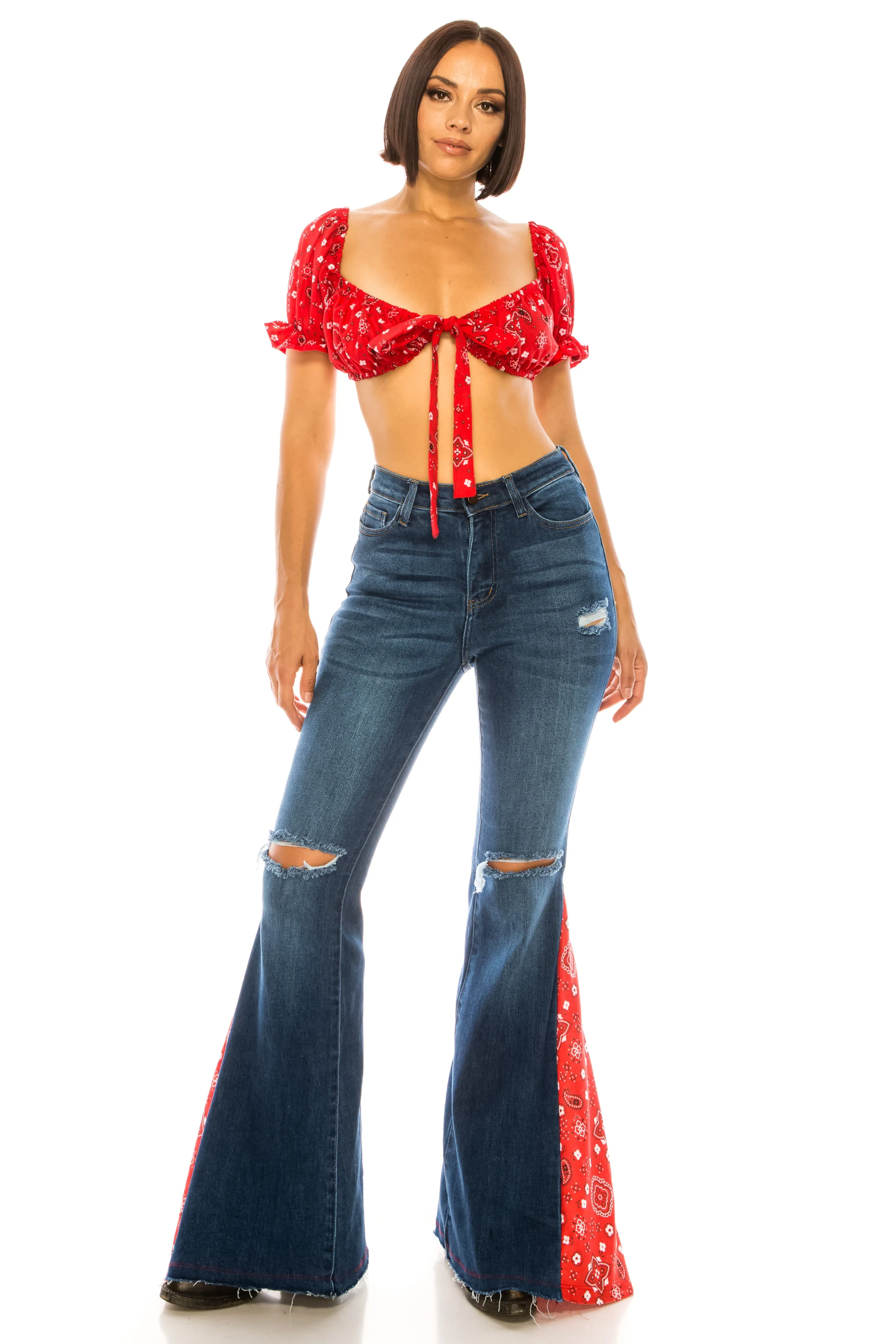 BANDANA PRINT FLARE BELL BOTTOM JEANS