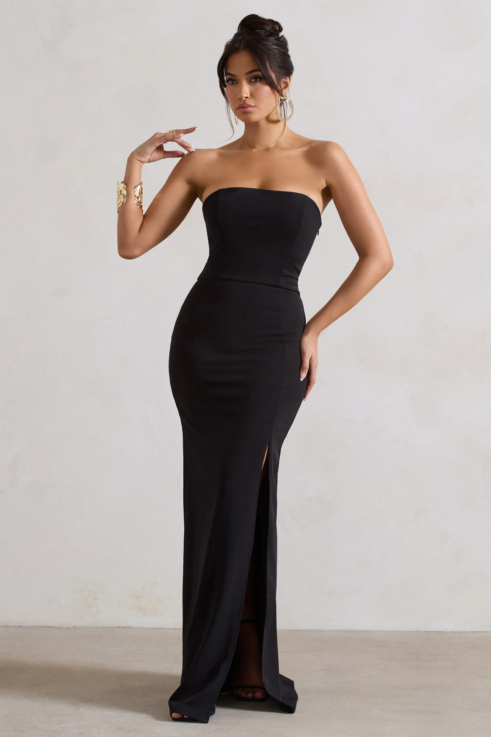 Belle of The Ball | Black Bandeau Maxi Dress With Split Hem