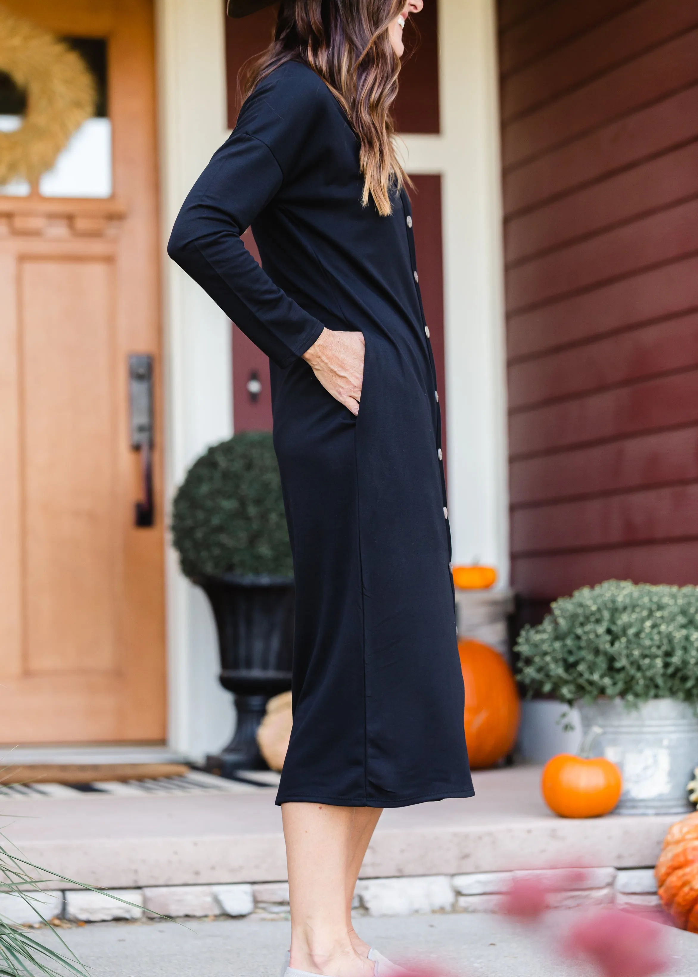 Black Faux Button Midi Dress