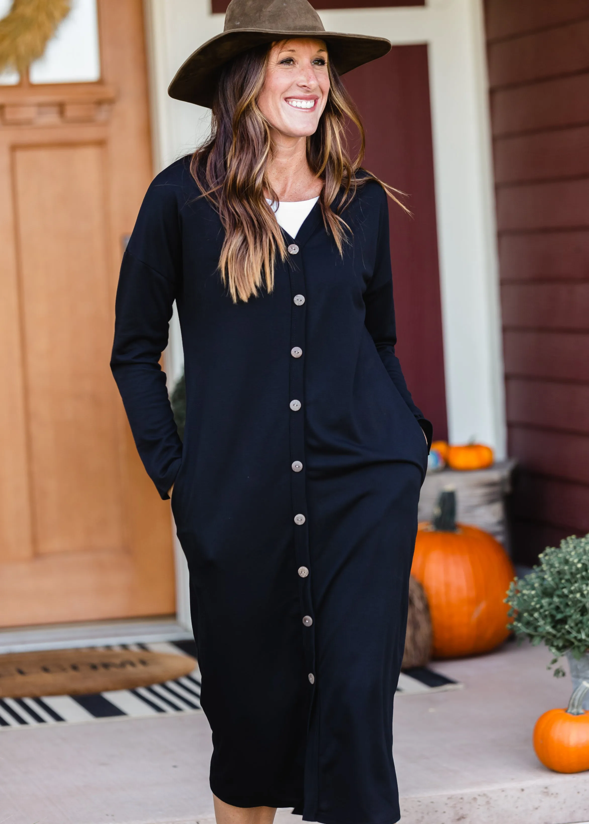 Black Faux Button Midi Dress