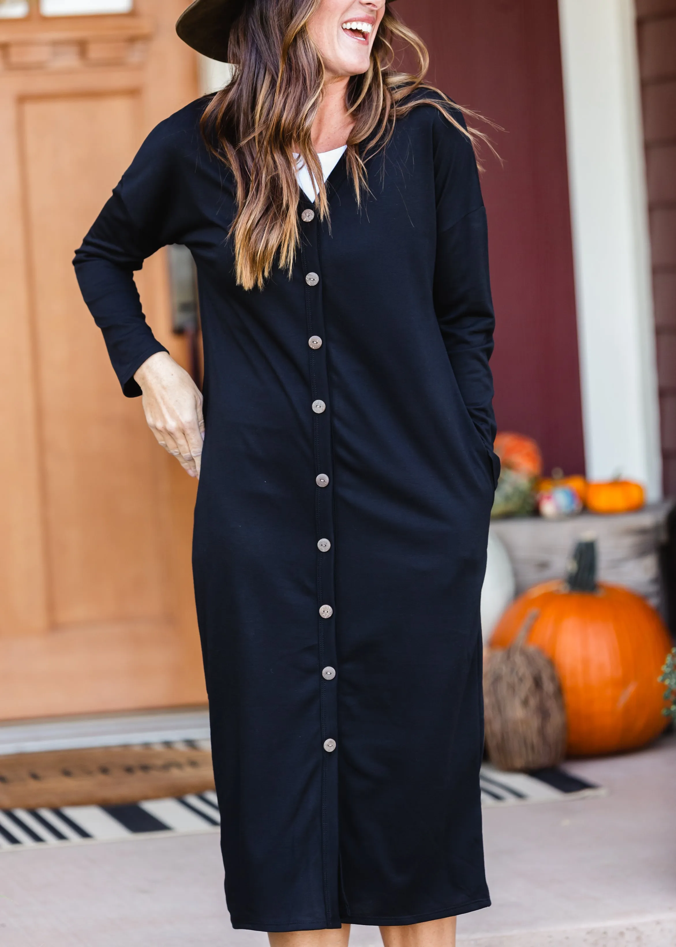 Black Faux Button Midi Dress