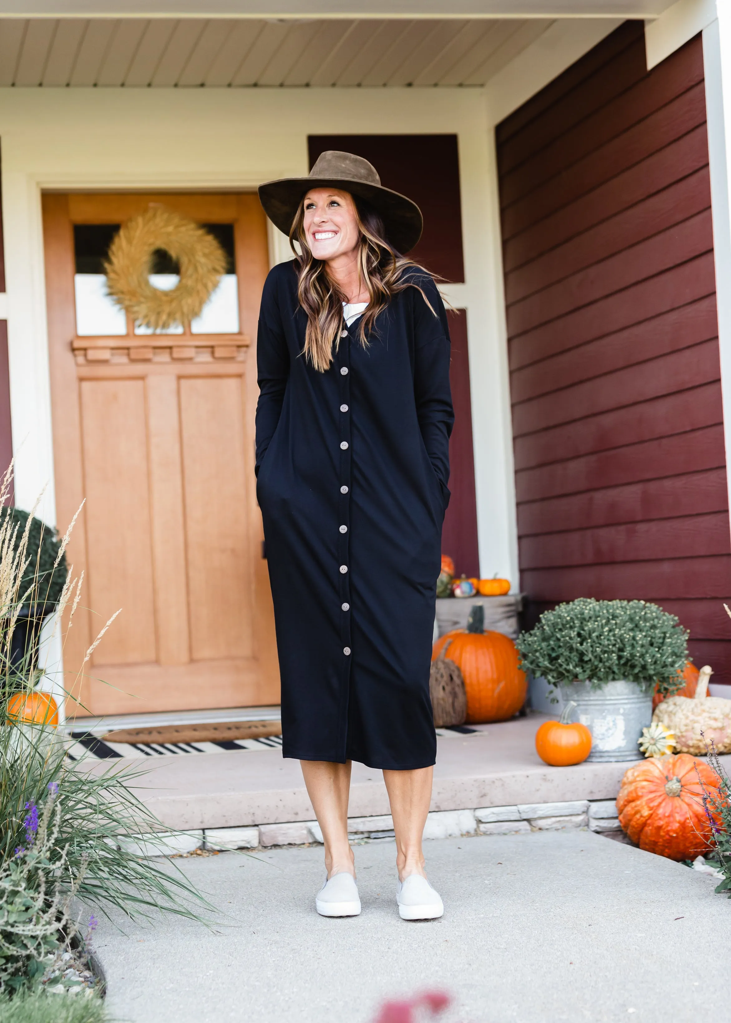 Black Faux Button Midi Dress