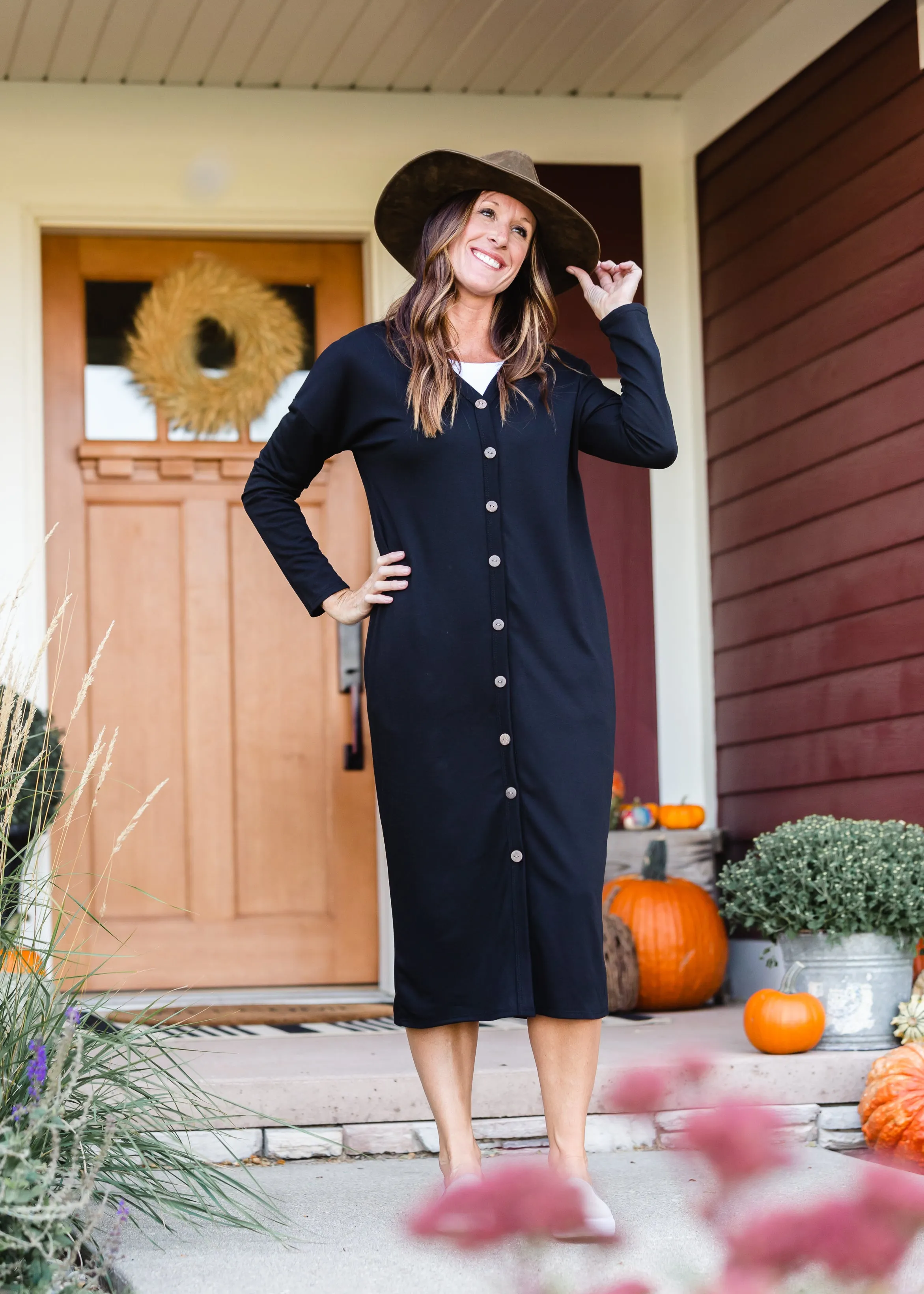 Black Faux Button Midi Dress