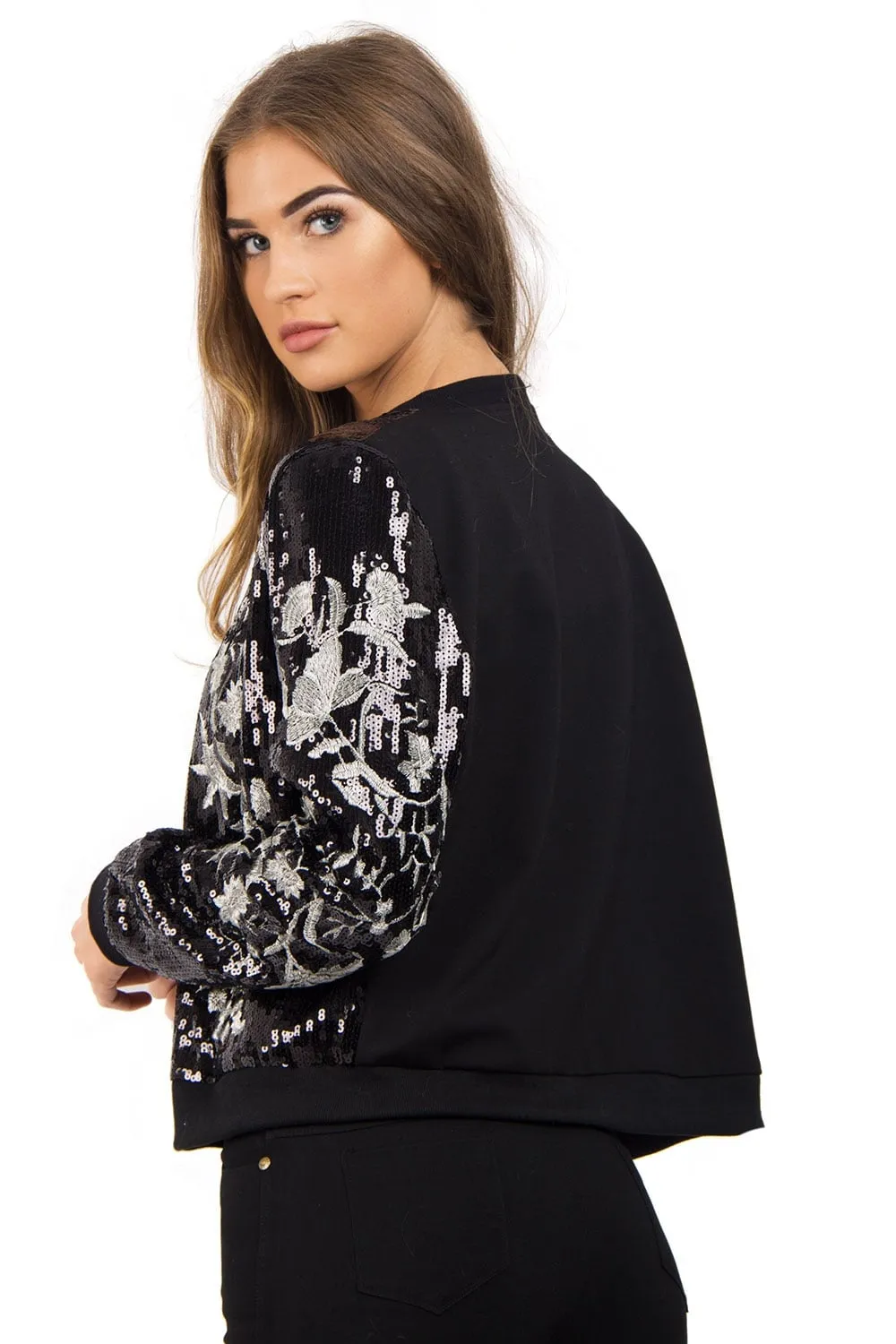 Black Floral Sequin Zip Jacket