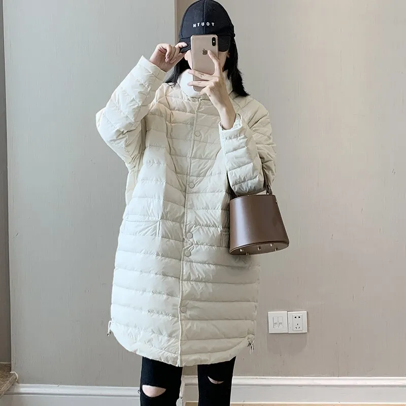 Black Friday Sales Ailegogo Casual Female Ultra Light White Duck Down Long Jacket Autumn Women Lightweight Loose Warm Down Parka Chic Outwear