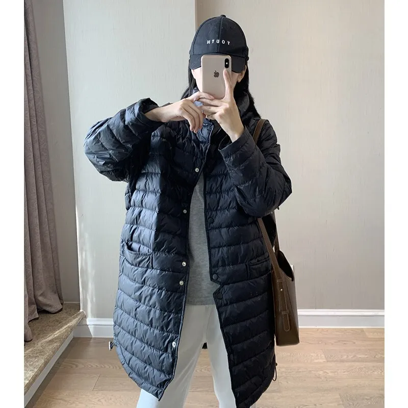 Black Friday Sales Ailegogo Casual Female Ultra Light White Duck Down Long Jacket Autumn Women Lightweight Loose Warm Down Parka Chic Outwear