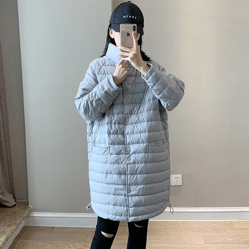 Black Friday Sales Ailegogo Casual Female Ultra Light White Duck Down Long Jacket Autumn Women Lightweight Loose Warm Down Parka Chic Outwear