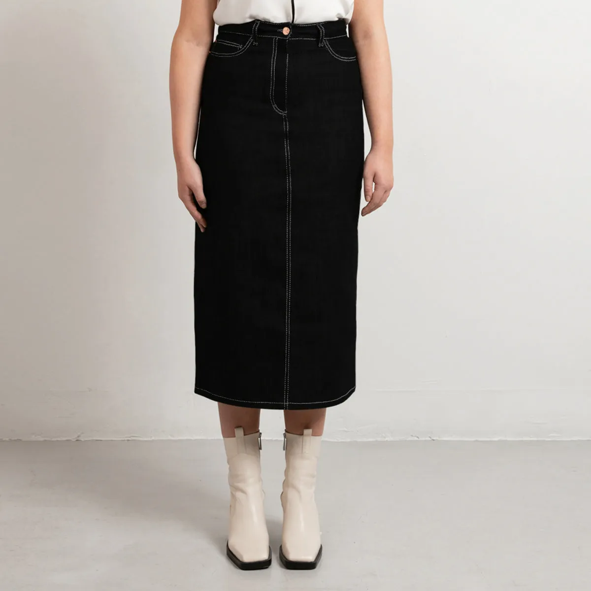 Black Midi Denim Skirt White Stitch