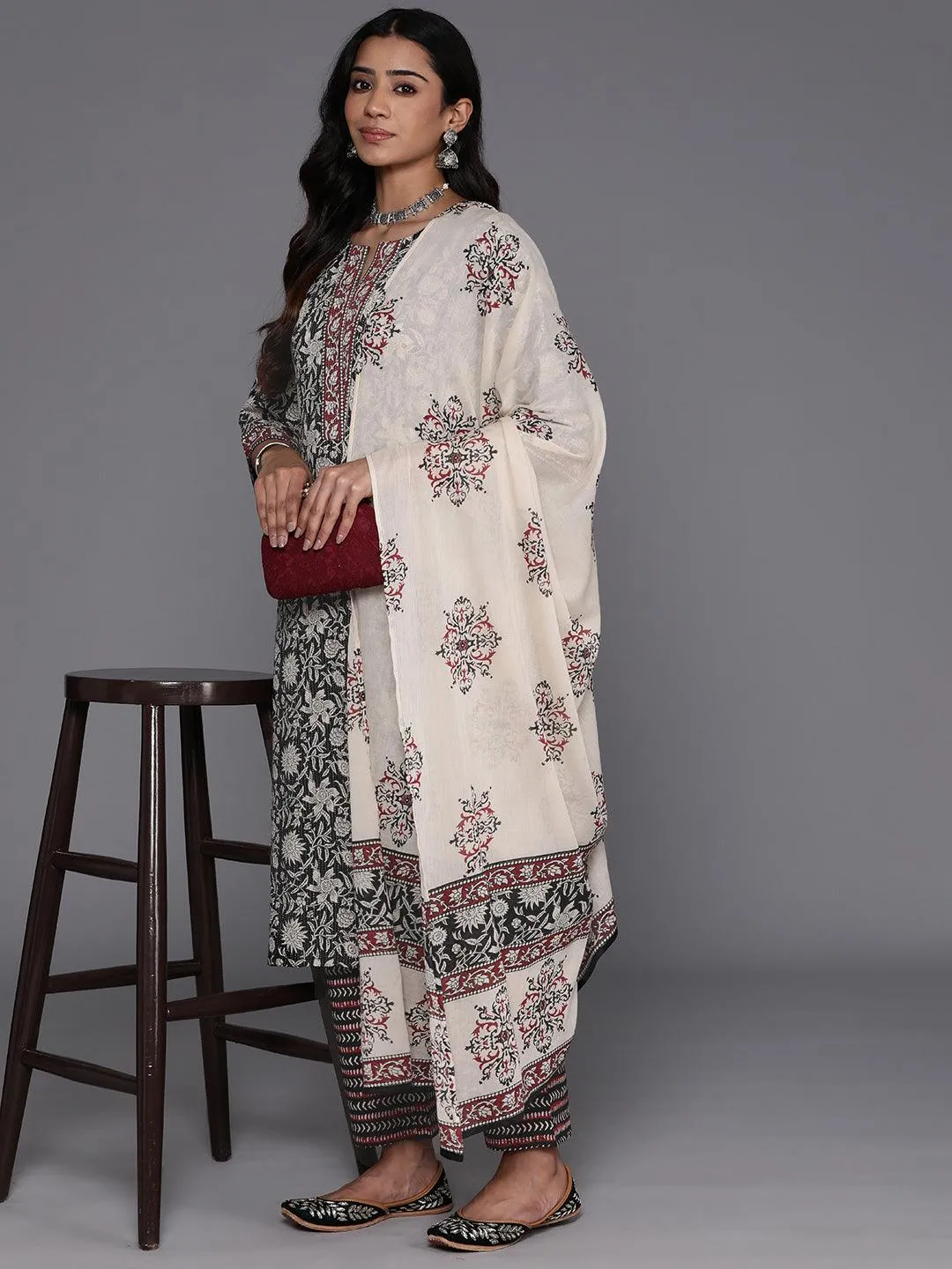 Black Printed Cotton Straight Suit With Dupatta