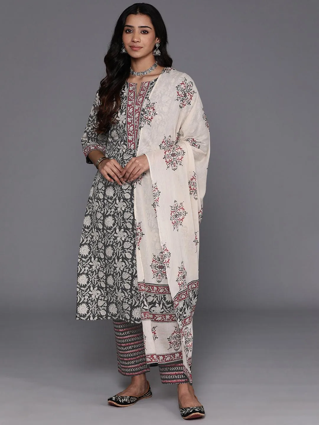 Black Printed Cotton Straight Suit With Dupatta