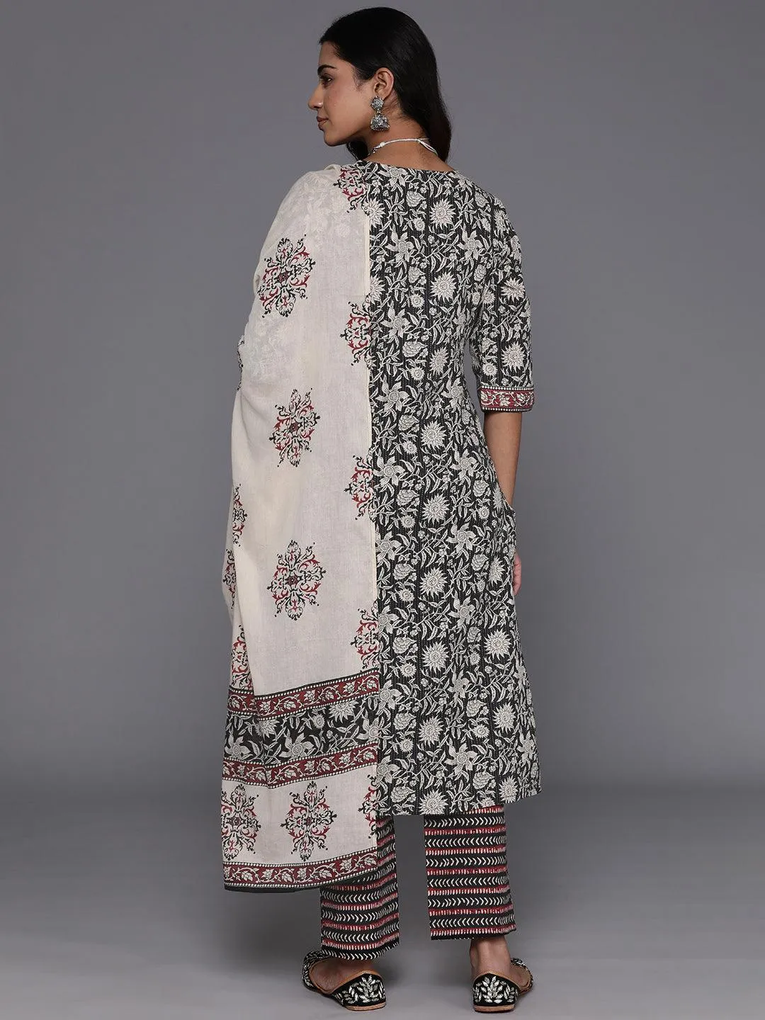 Black Printed Cotton Straight Suit With Dupatta