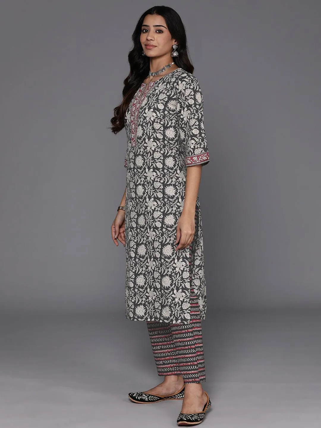 Black Printed Cotton Straight Suit With Dupatta