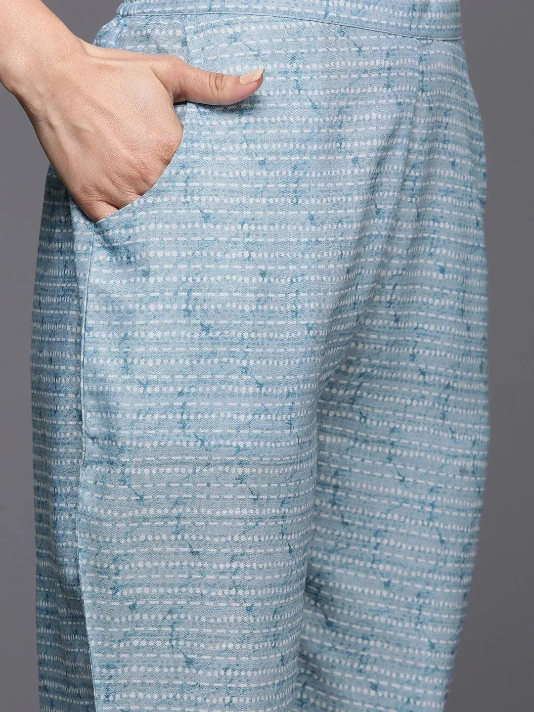 Blue Printed Cotton Blend A-Line Kurta With Trousers