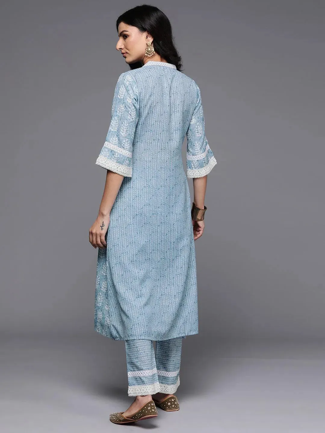 Blue Printed Cotton Blend A-Line Kurta With Trousers