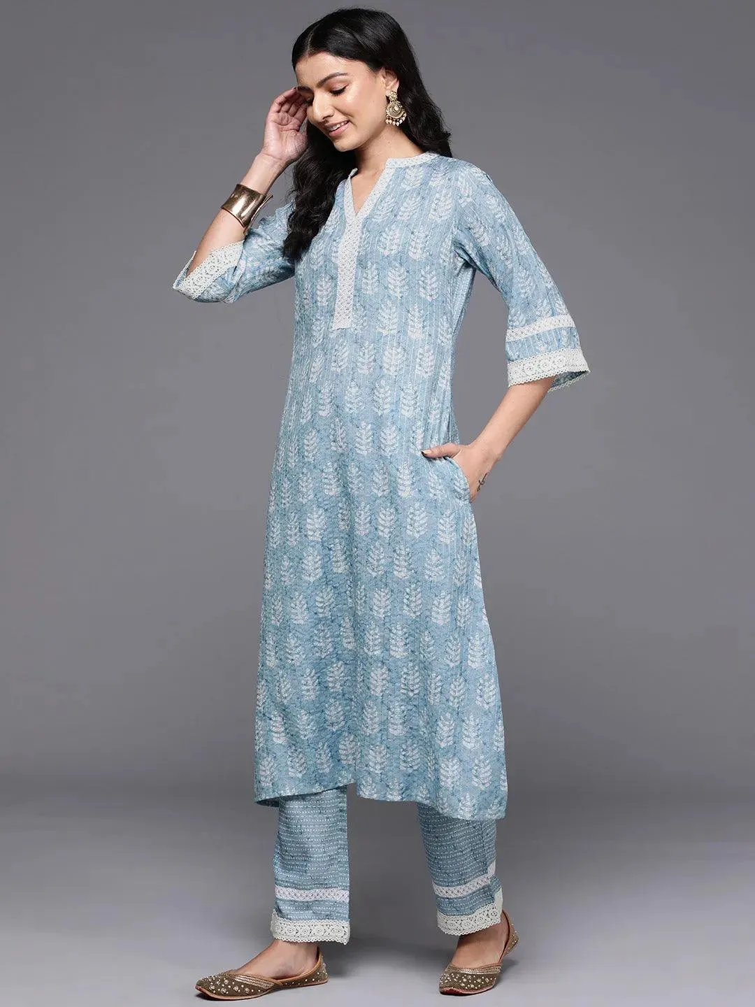 Blue Printed Cotton Blend A-Line Kurta With Trousers