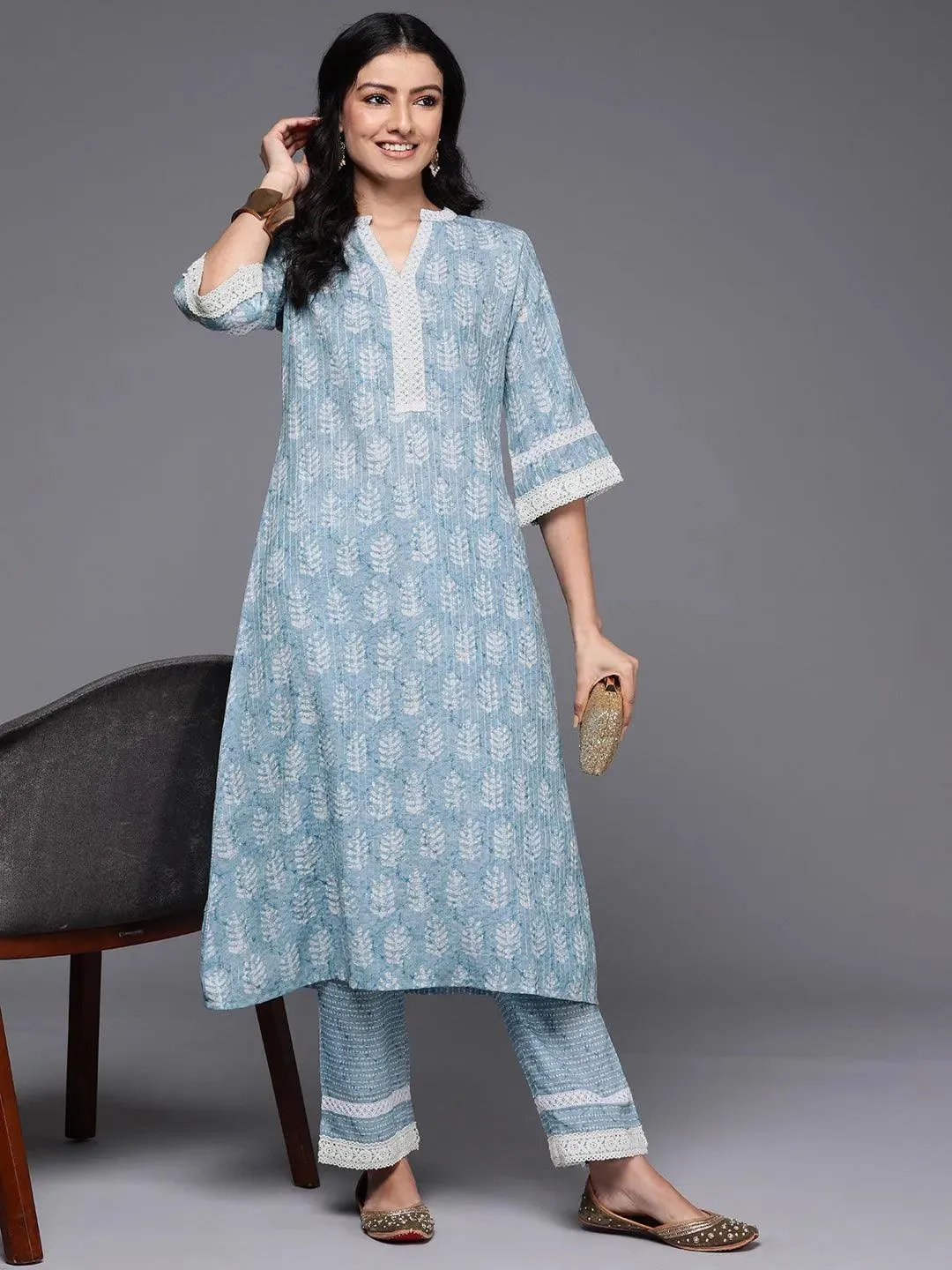 Blue Printed Cotton Blend A-Line Kurta With Trousers