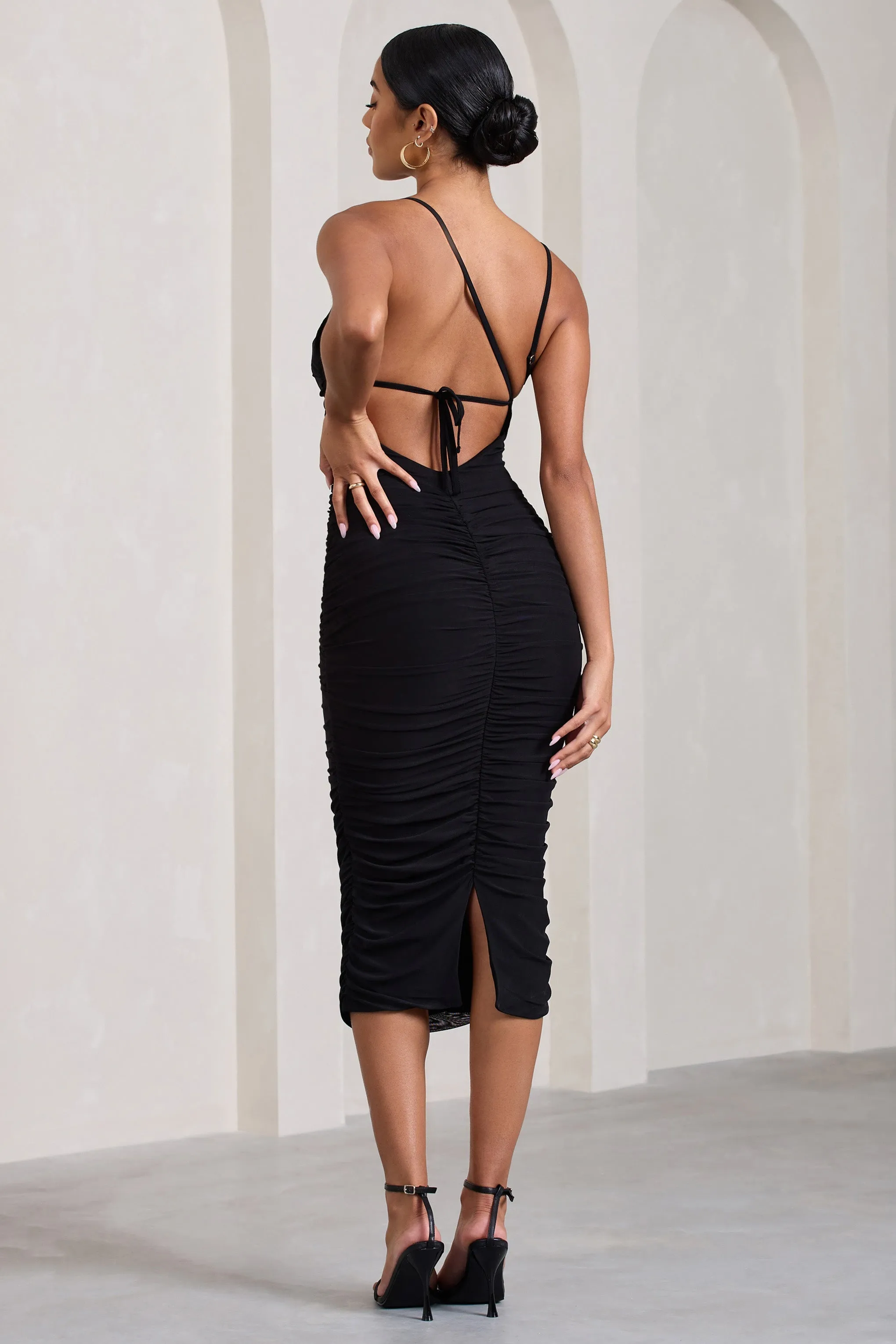 Bree | Black Ruched Mesh Strappy Bodycon Midi Dress