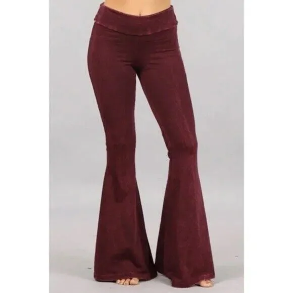 Burgundy Mineral Wash French Terry Flared Bell Bottom Pull On Pants w/ Pockets