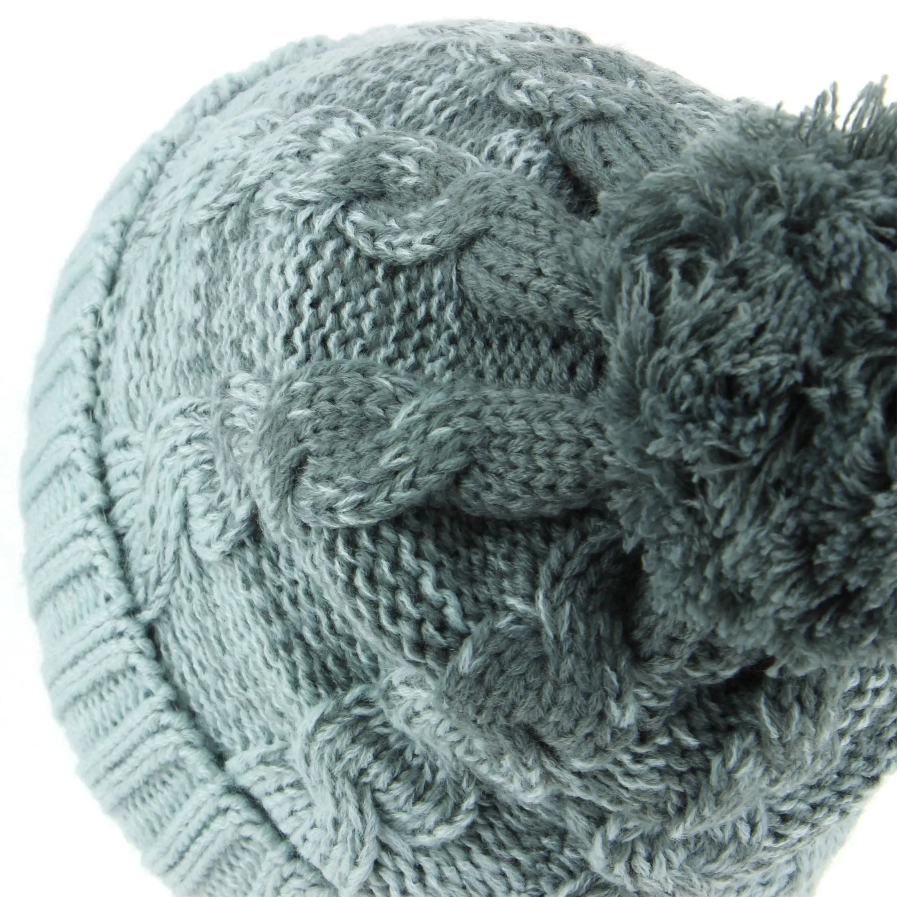 Cable Knit Bobble Beanie Hat with Super Soft Fleece Lining - Grey