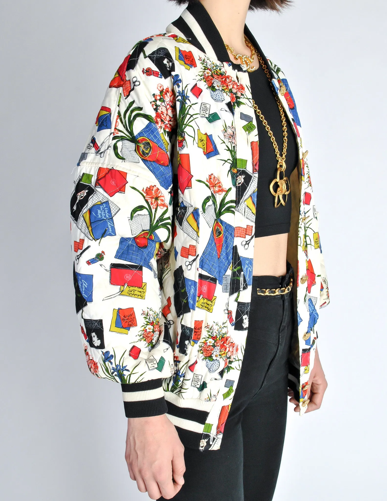 Chanel Vintage Novelty Print Quilted Bomber Jacket