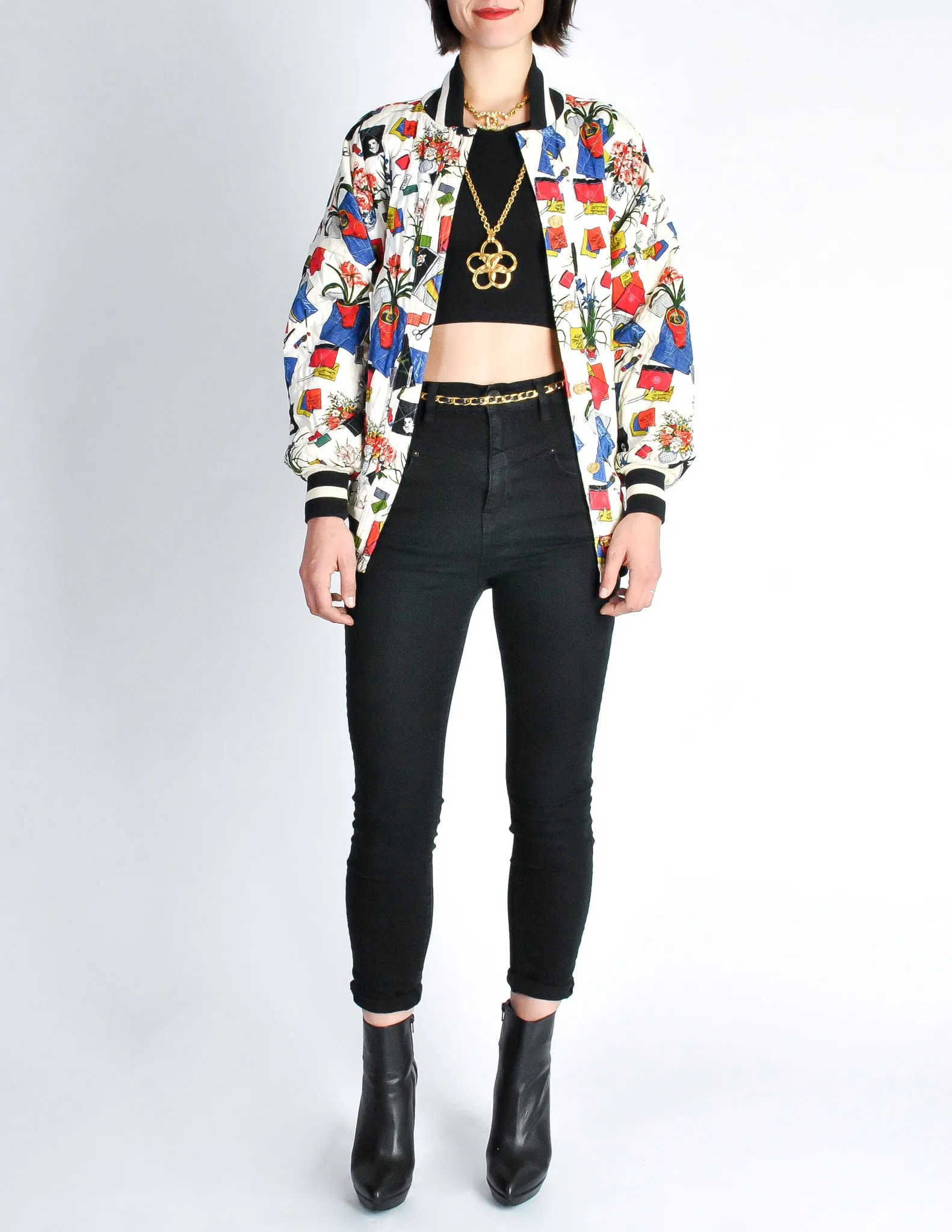 Chanel Vintage Novelty Print Quilted Bomber Jacket