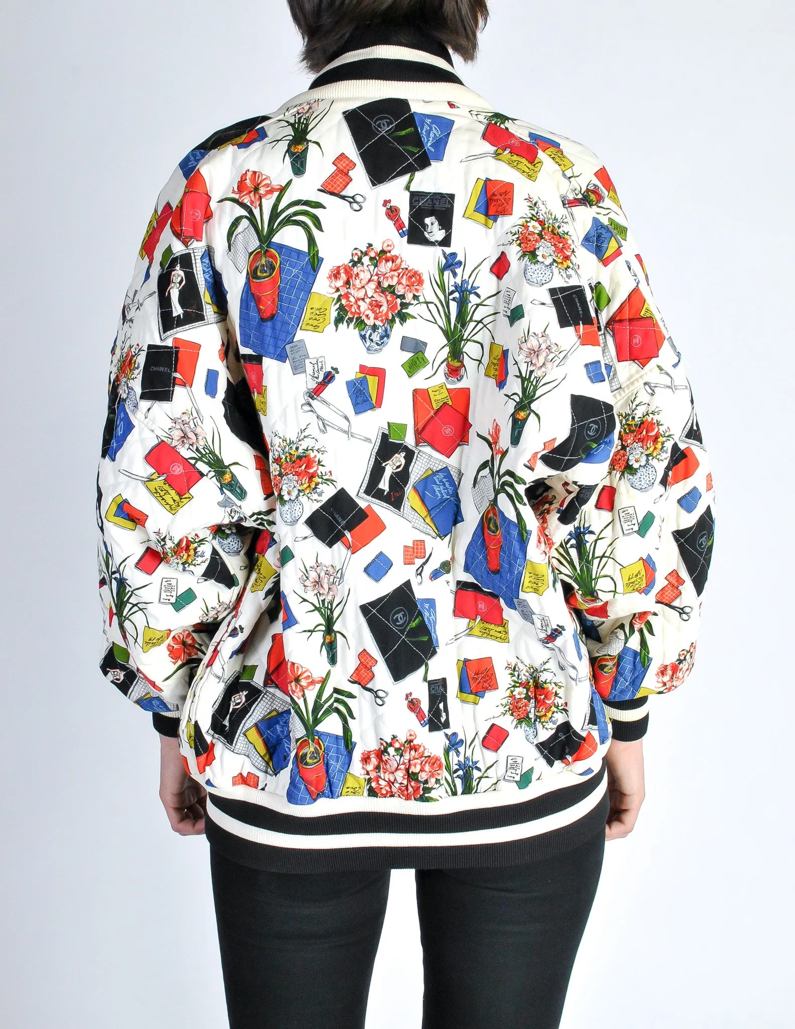 Chanel Vintage Novelty Print Quilted Bomber Jacket