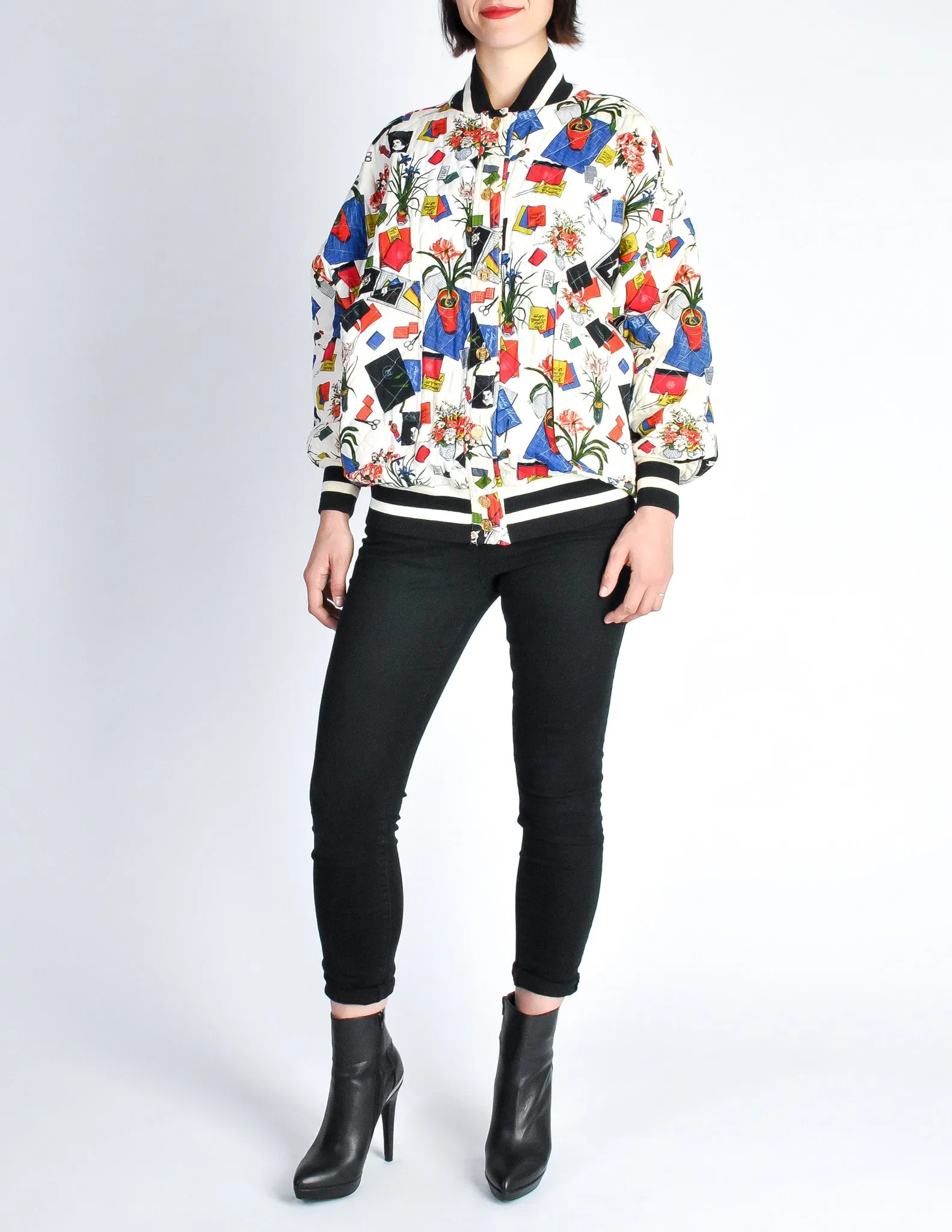 Chanel Vintage Novelty Print Quilted Bomber Jacket