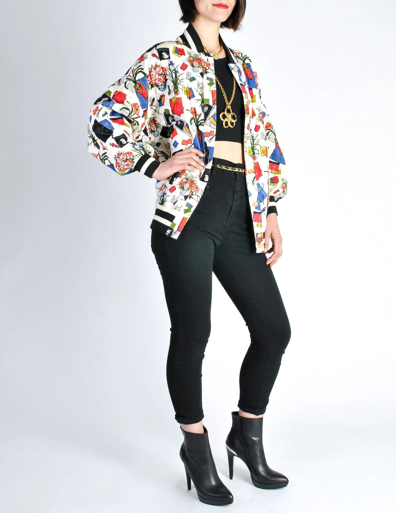 Chanel Vintage Novelty Print Quilted Bomber Jacket